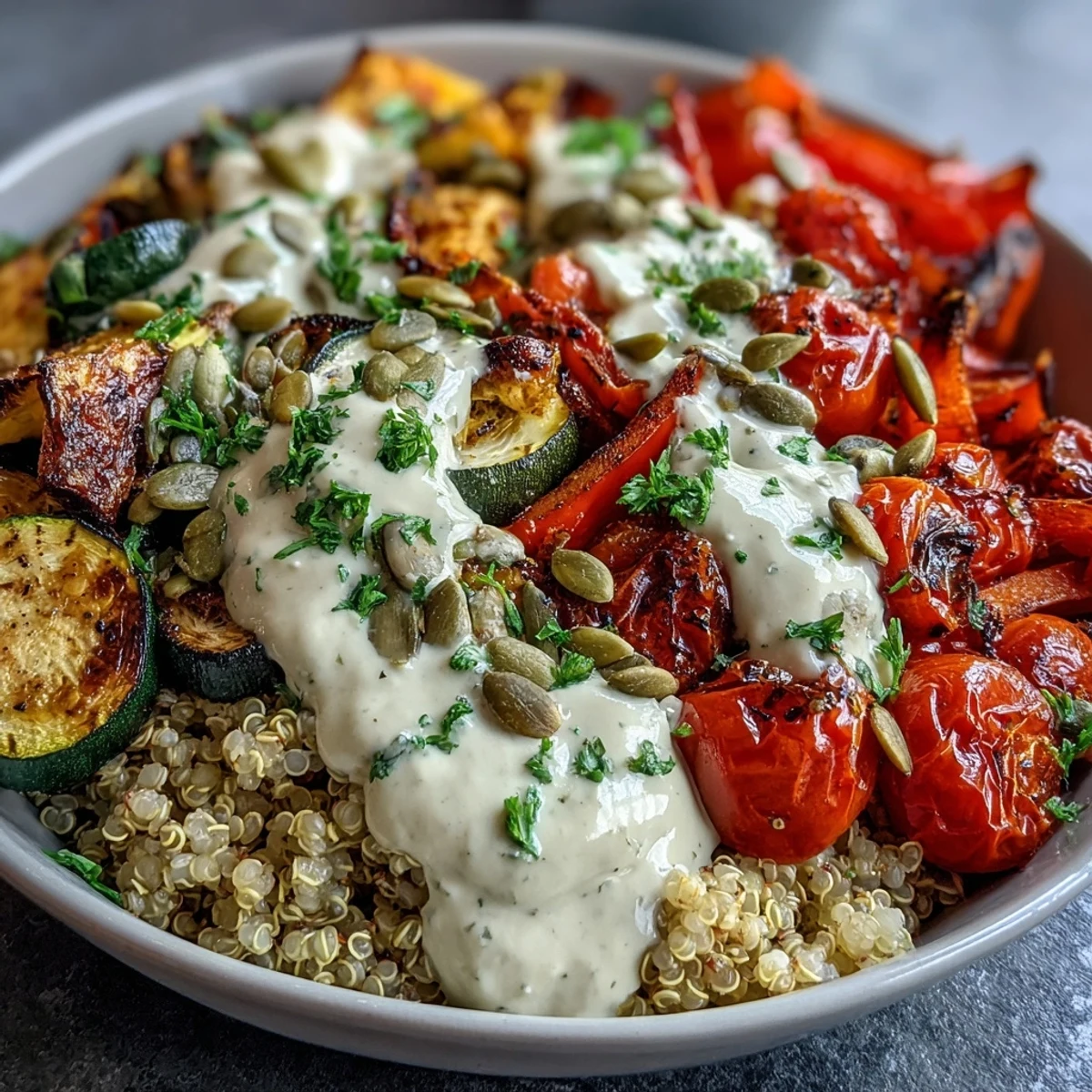 Close-up of a Roasted Vegetable Quinoa Bowl with colorful roasted vegetables and toasted pumpkin seeds