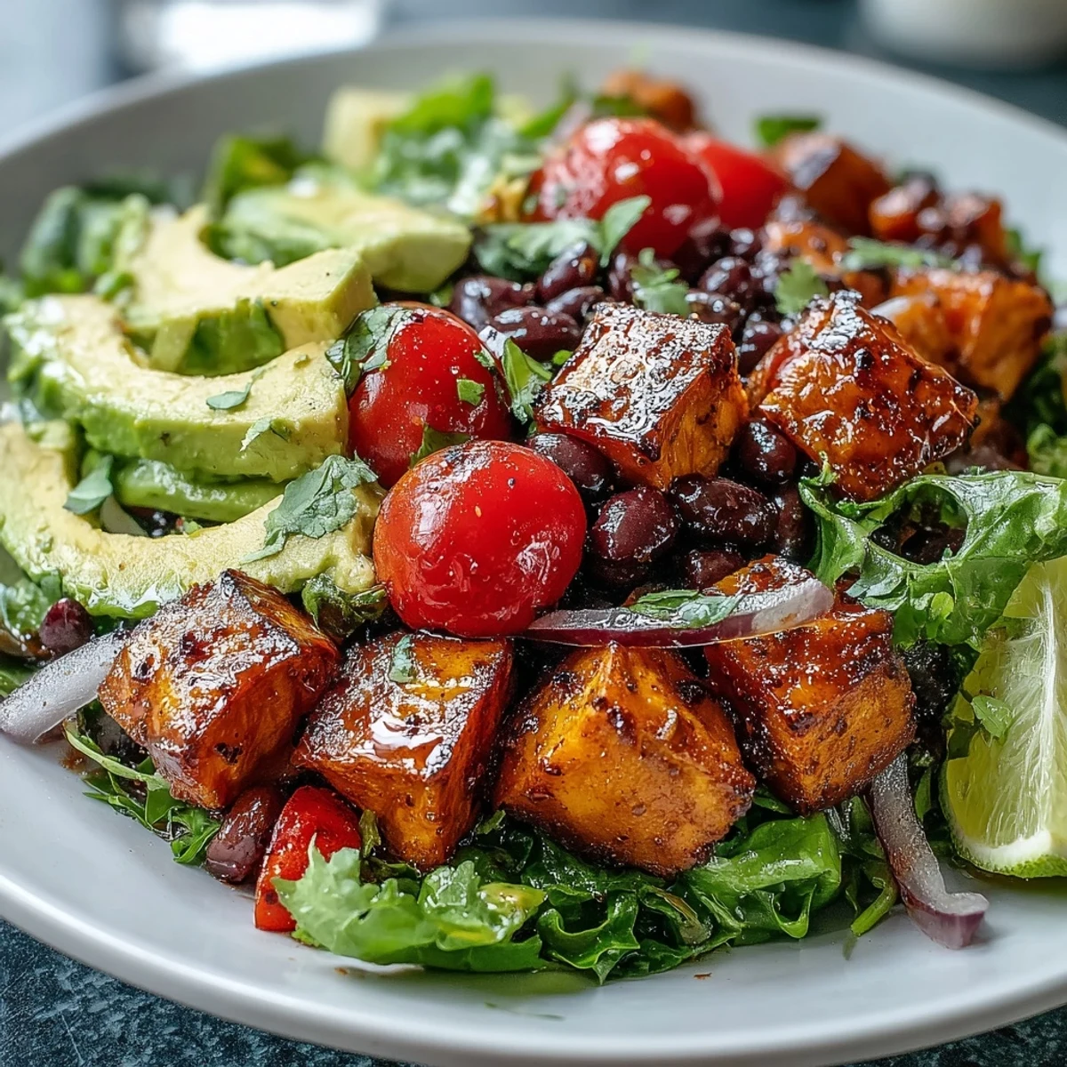 A close up view of a healthy Sweet Potato and Black Bean Bowl with lime dressing.