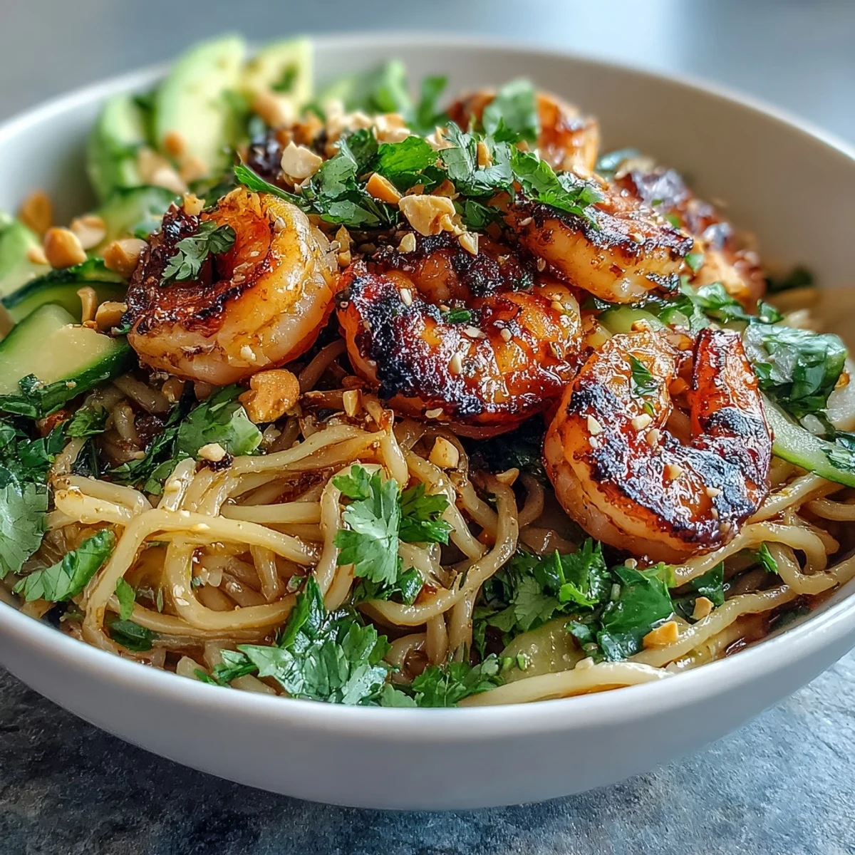 Grilled shrimp glisten with sesame oil over chilled egg noodles in an Asian noodle bowl, garnished with cucumber and peanuts.  