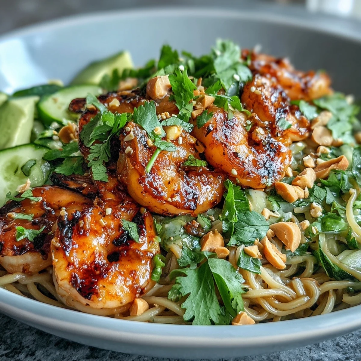 Serve this vibrant Grilled Shrimp Asian Noodle Bowl with lime wedges, cilantro, and scallions for a refreshing summer meal.