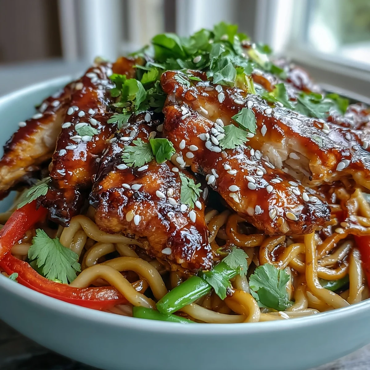A vibrant bowl of Sesame Chicken Noodle Bowl features tender chicken, crisp veggies, and glossy noodles on a white plate.