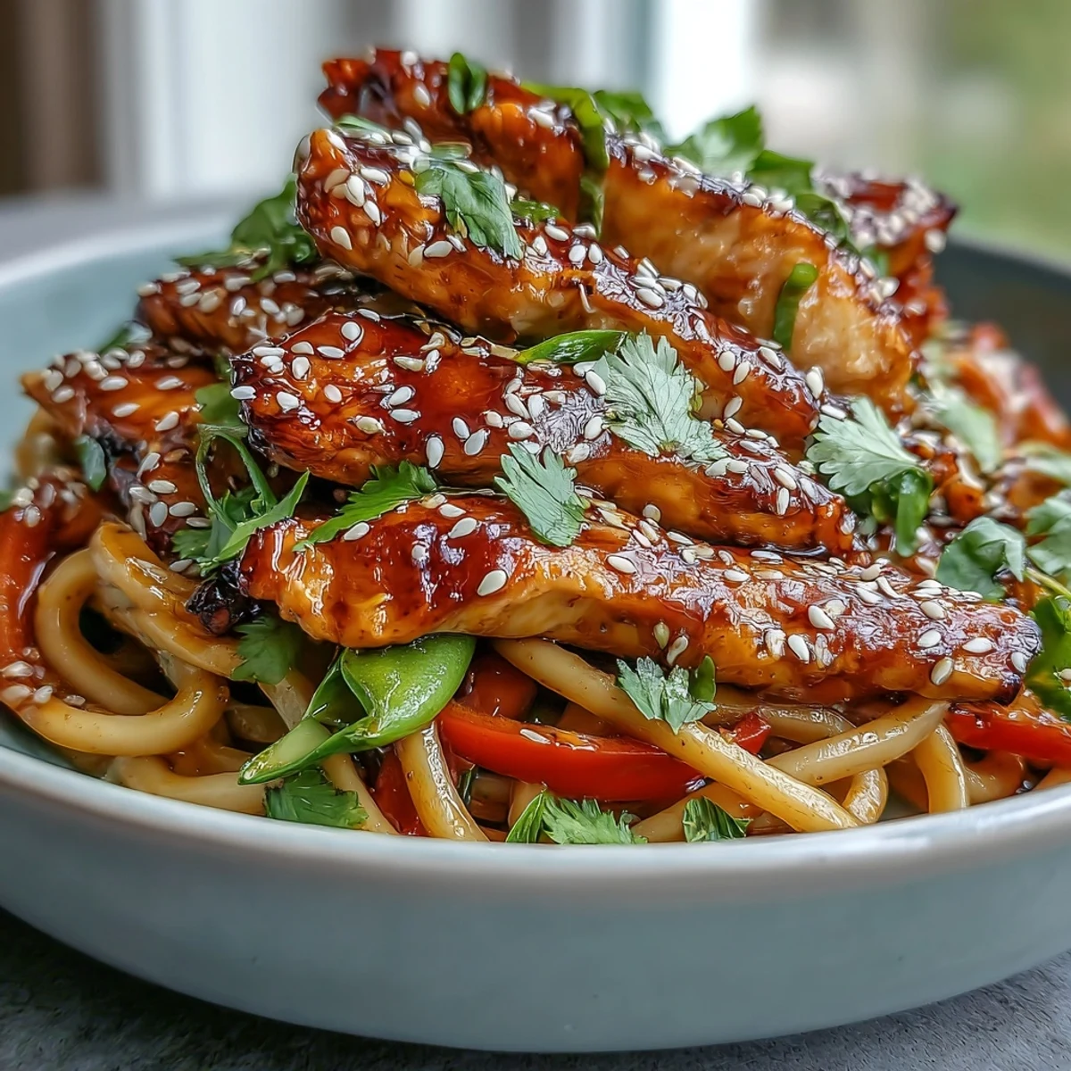 Close-up of Sesame Chicken Noodle Bowl garnished with toasted sesame seeds, cilantro, and fresh lime wedges.