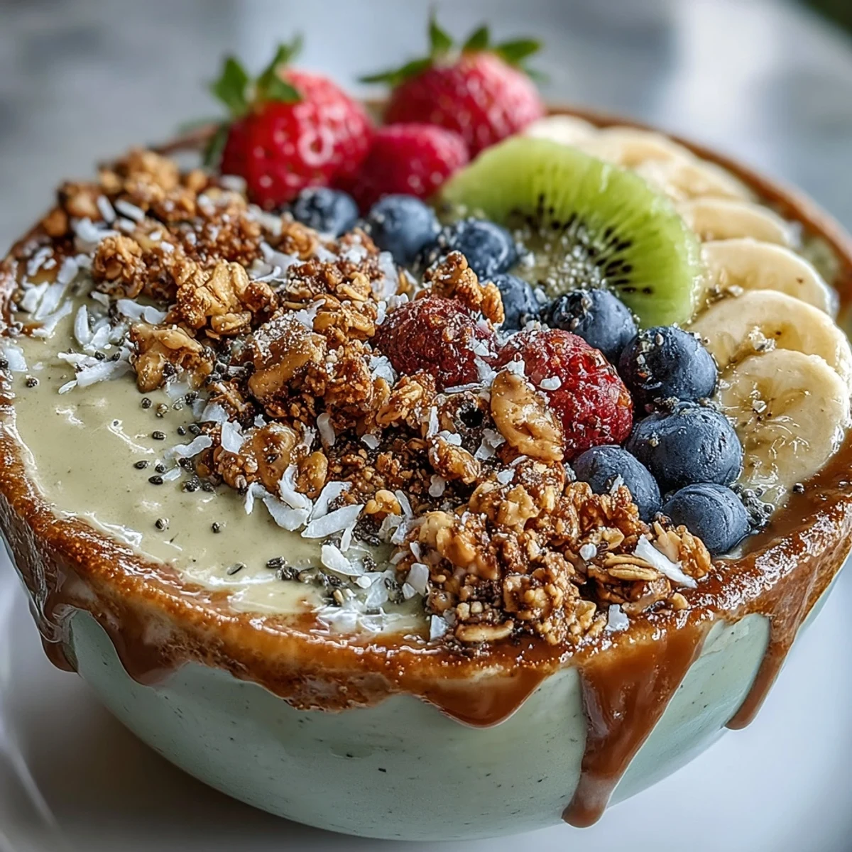 Hojicha Smoothie Bowl topped with granola, strawberries, kiwi, and chia seeds, creamy and chilled.