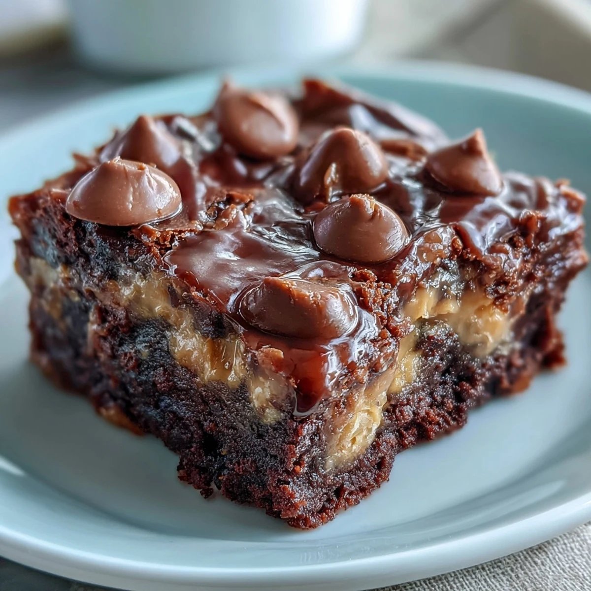 Golden slices of Rich Peanut Butter Cup Dump Cake reveal gooey peanut butter layers and melted chocolate chips on a white plate. 