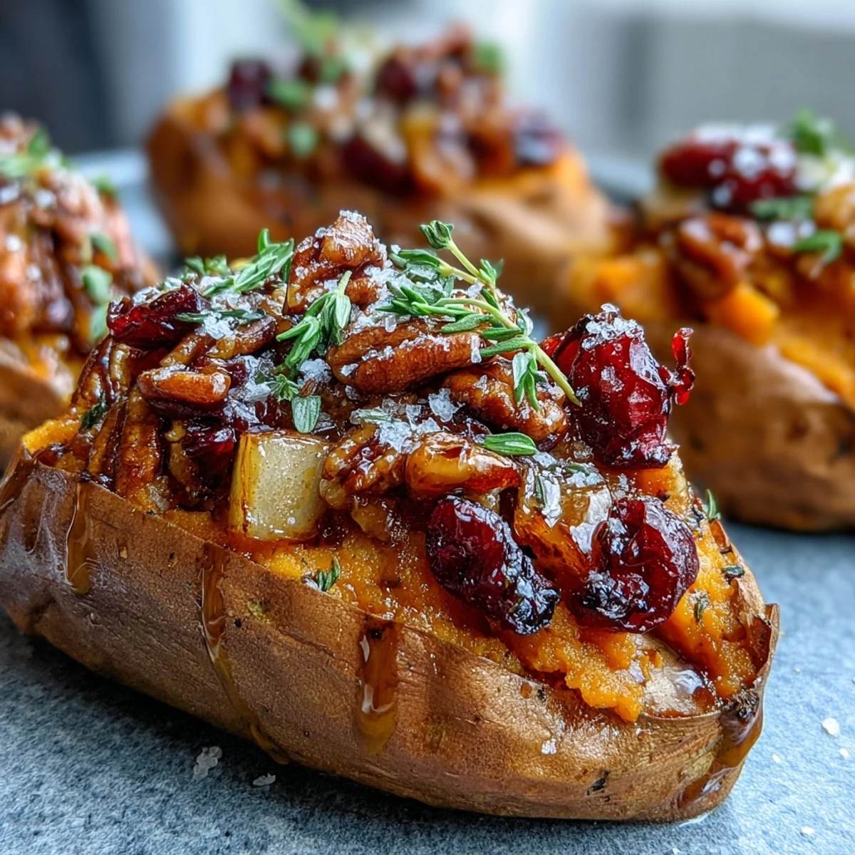 Close-up of Cranberry Apple Twice Baked Sweet Potatoes, revealing a vibrant filling of caramelized apples, tart cranberries, and toasted pecans.