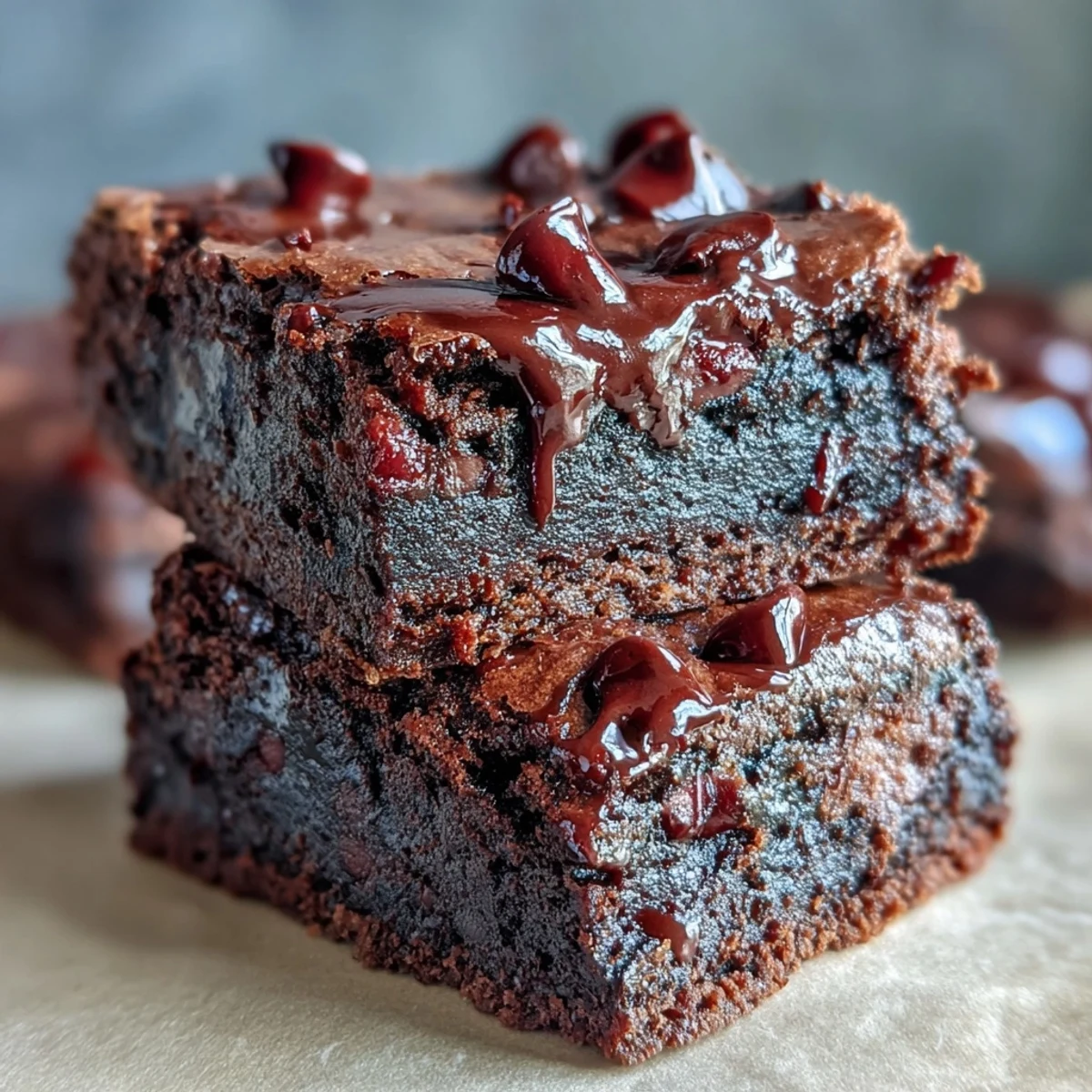 Close-up of Greek Yogurt Brownies, revealing a moist crumb and rich cocoa color, ideal for a healthier dessert.