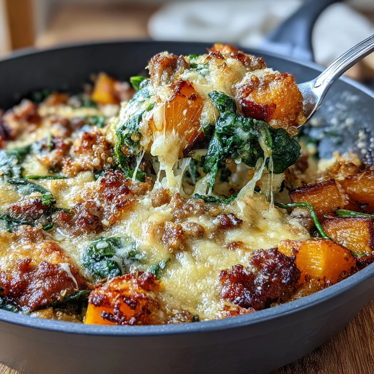 Bubbling Cozy Butternut Squash & Sausage Casserole fresh from the oven, perfect for a comforting autumn dinner.