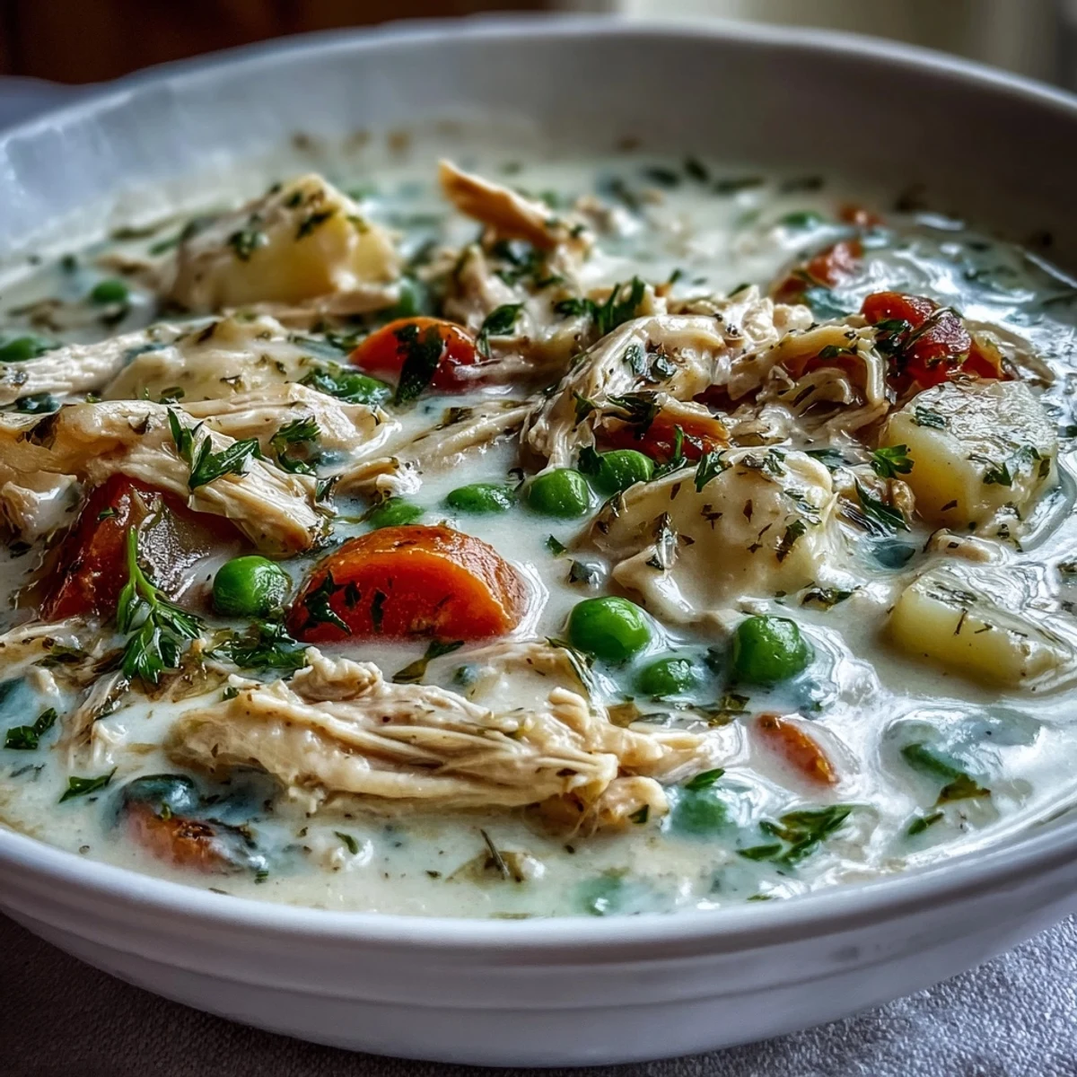 Steaming bowls of Creamy Chicken Pot Pie Soup garnished with fresh parsley and a golden pastry crust.