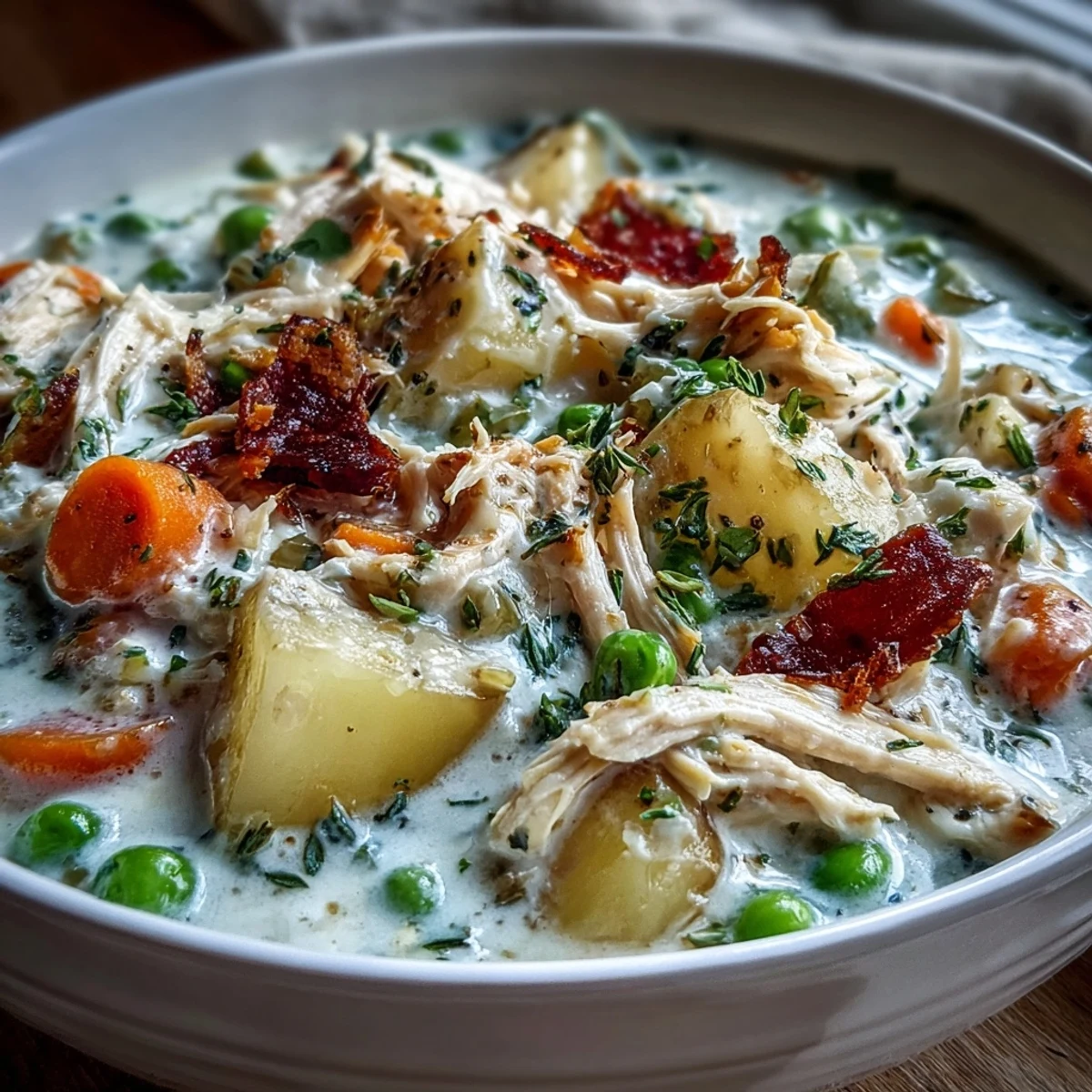 Spoon dipping into a rich, creamy bowl of chicken pot pie soup, served with crusty bread.