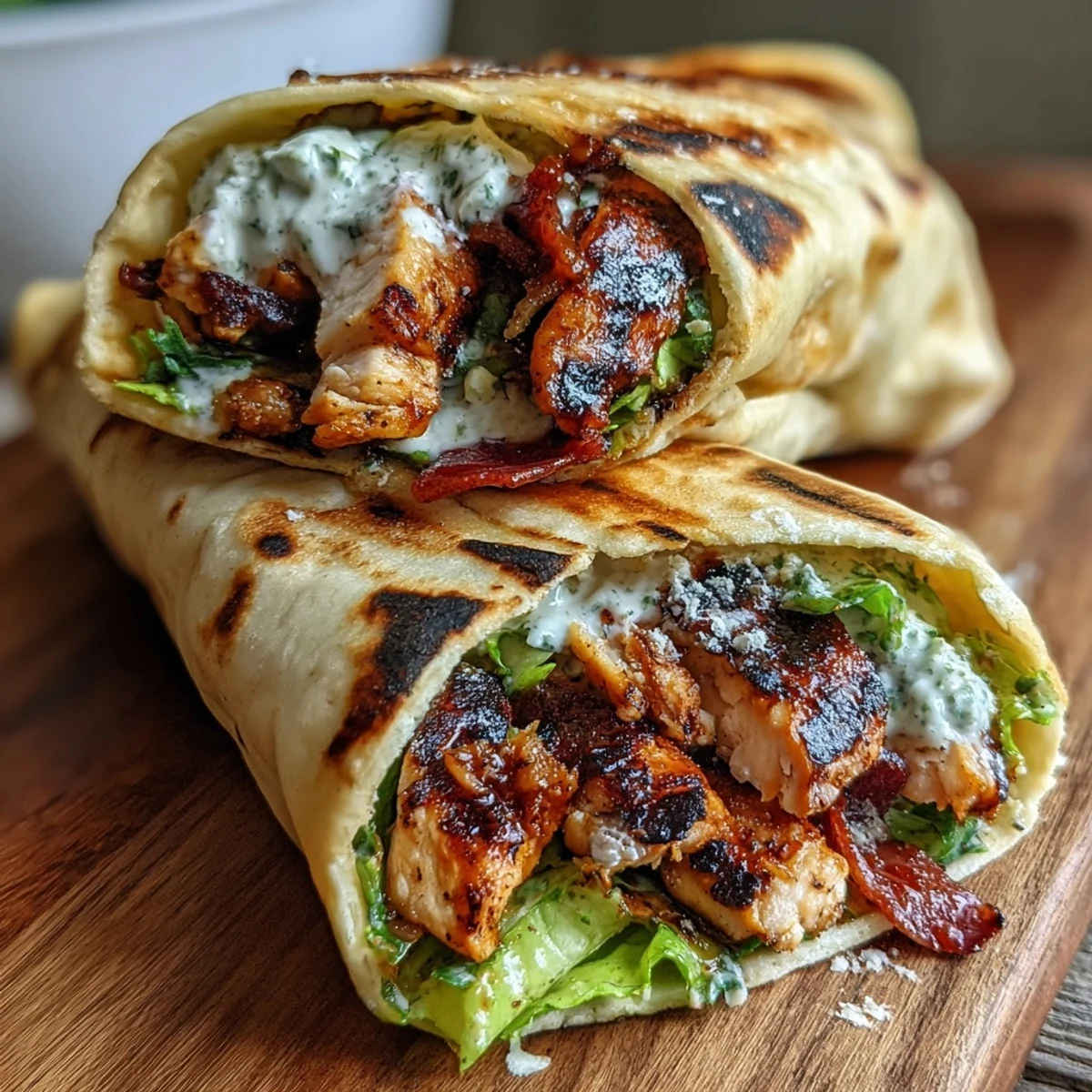 Warm garlic naan wrap filled with Caesar salad, grilled chicken, and fresh Parmesan, ready to serve.