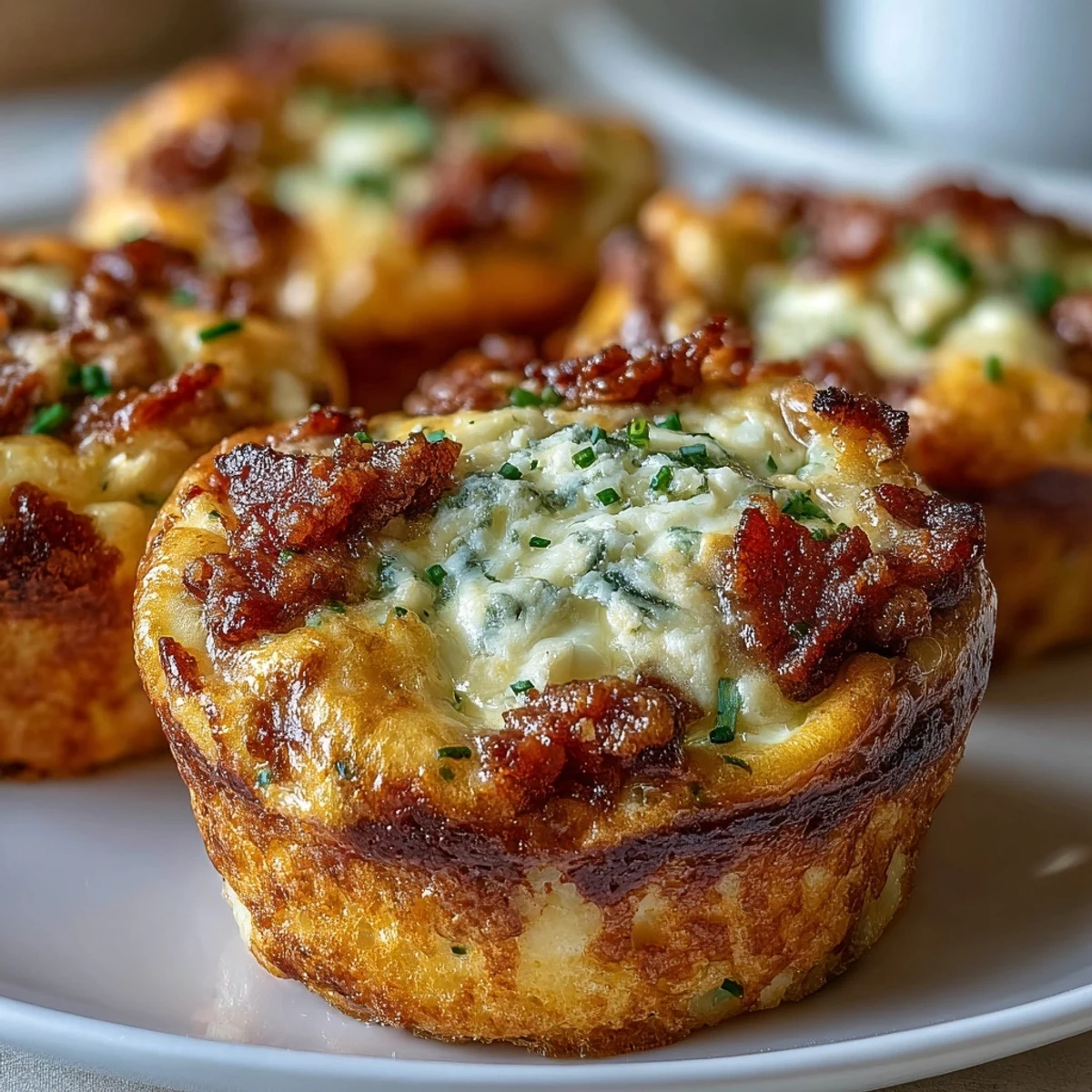 Golden-brown Ranch & Cheddar Egg Muffin Cups with crispy bacon bits peeking out, served warm on a rustic wooden board.