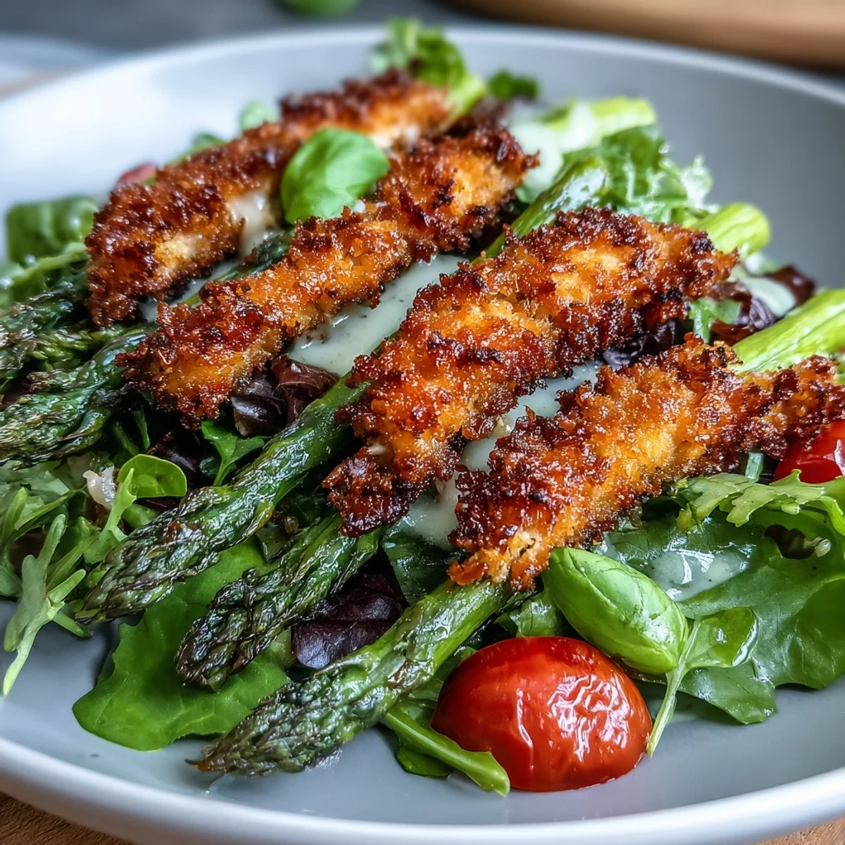 Crispy Parmesan asparagus spears sit atop a bed of mixed greens with tender chicken, cherry tomatoes, and red onion.