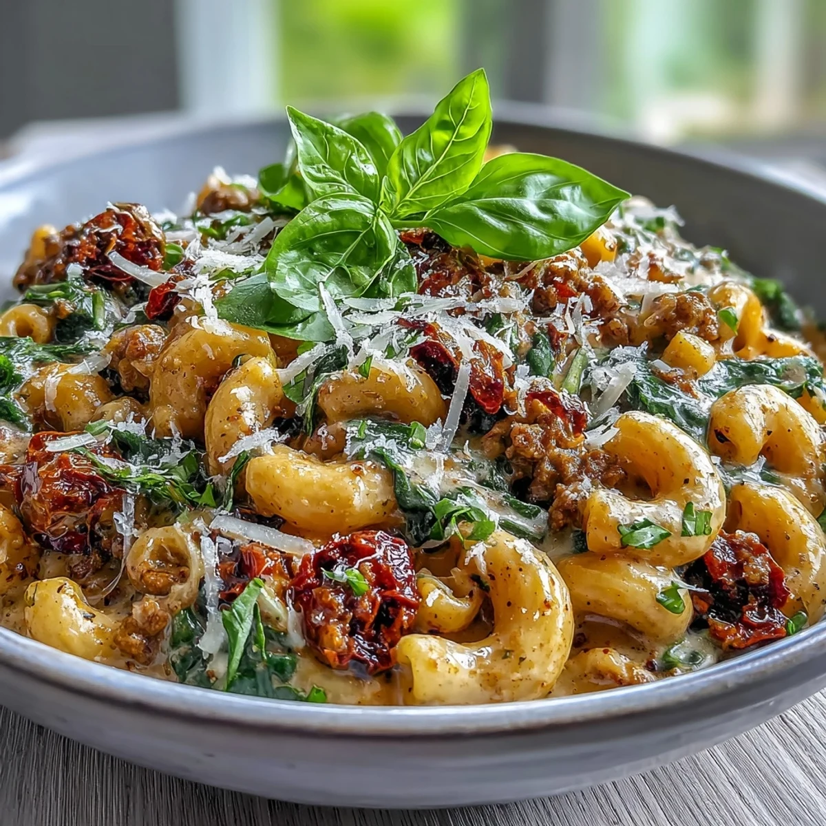 Creamy Tuscan Chili Mac served in a rustic bowl, topped with melted Parmesan and fresh spinach.