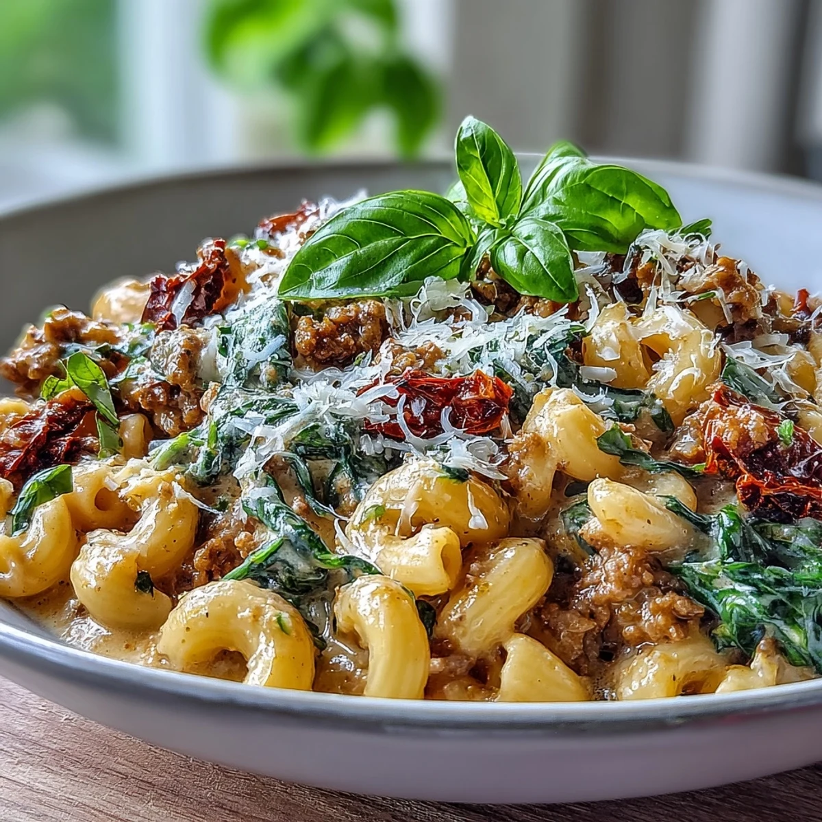 Close-up of Creamy Tuscan Chili Mac, featuring a creamy sauce with spinach and bright red tomatoes.