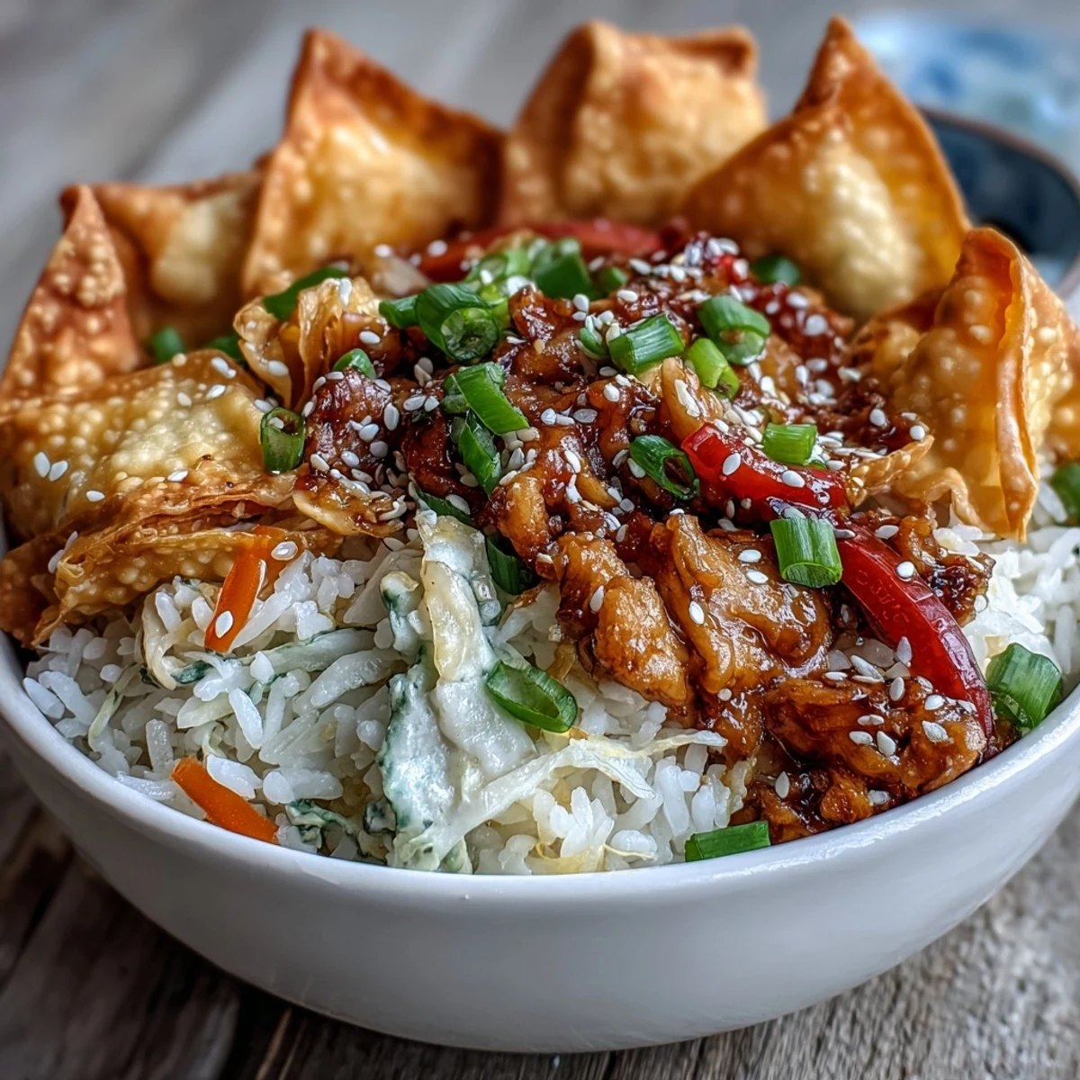 Crispy Baked Egg Roll Chicken Bowls served over fluffy white rice, garnished with fresh green onions and sesame seeds.