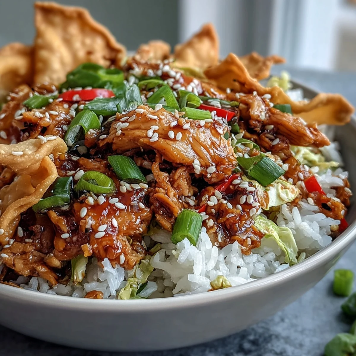 A deconstructed Crispy Baked Egg Roll Chicken Bowl featuring sautéed ground chicken and crunchy cabbage inside a ceramic bowl.