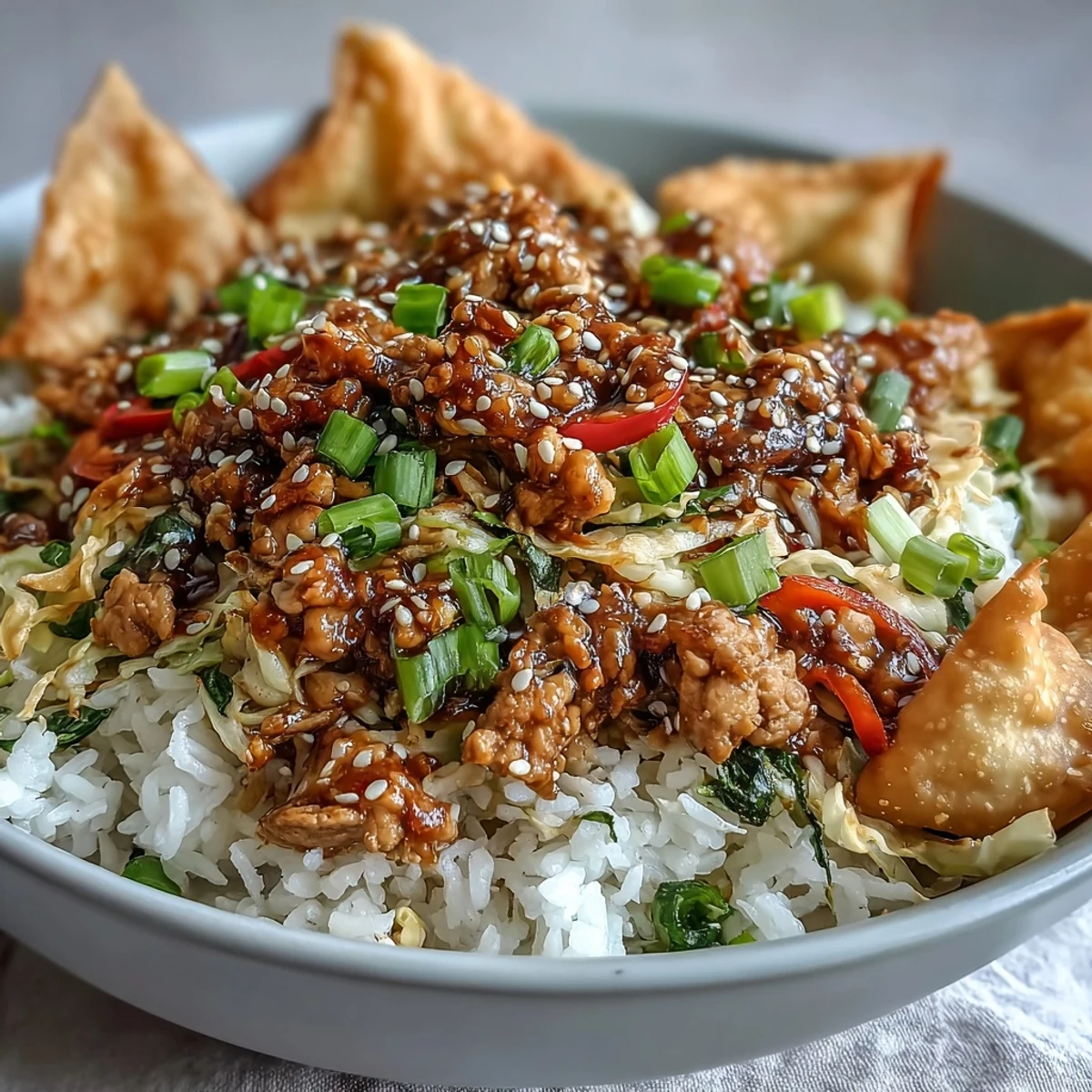 Topped with golden baked wonton strips, this Crispy Baked Egg Roll Chicken Bowl offers a deliciously crunchy texture.