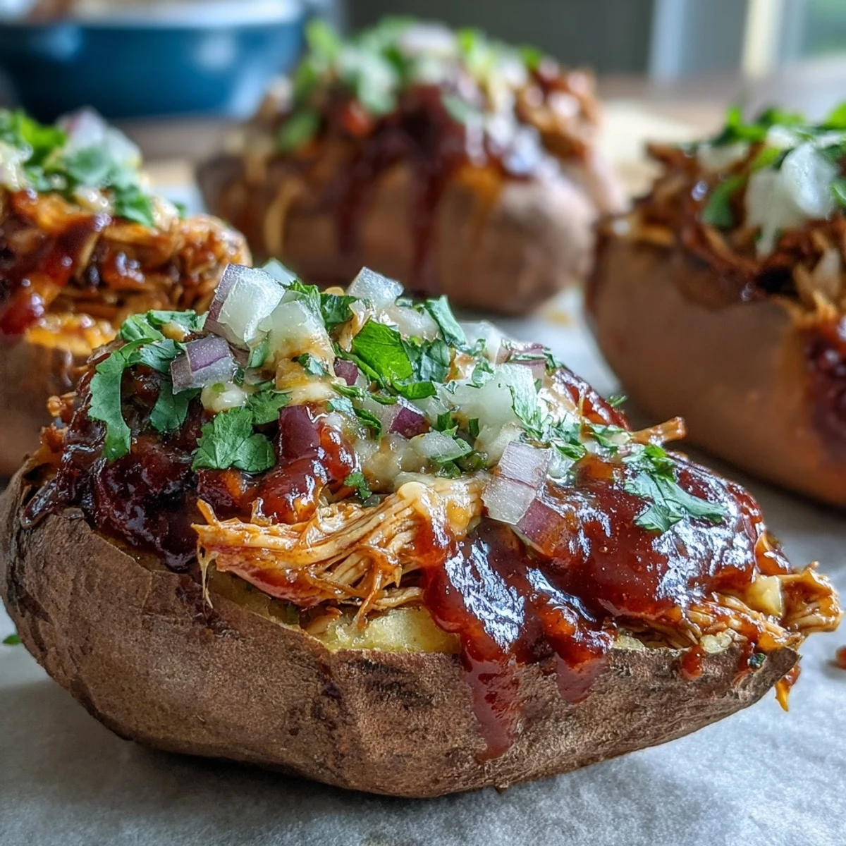 Golden baked sweet potatoes overflowing with juicy honey BBQ chicken, melted cheddar, and fresh green onions on top.