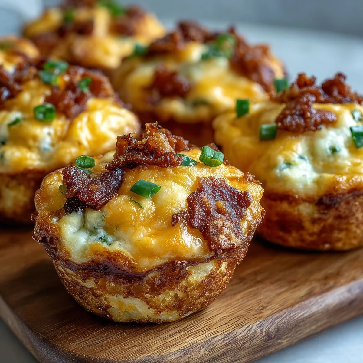 Three Ranch & Cheddar Egg Muffin Cups stacked on a wooden board, ready for a quick keto meal prep on a busy morning.