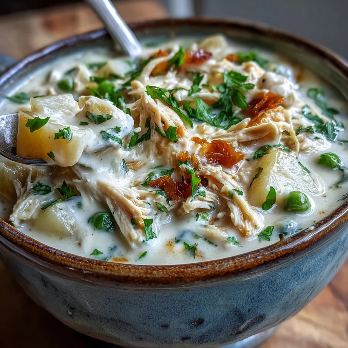 A Dutch oven of Creamy Chicken Pot Pie Soup bubbling on the stove, with buttery aromatics and thyme steam rising.