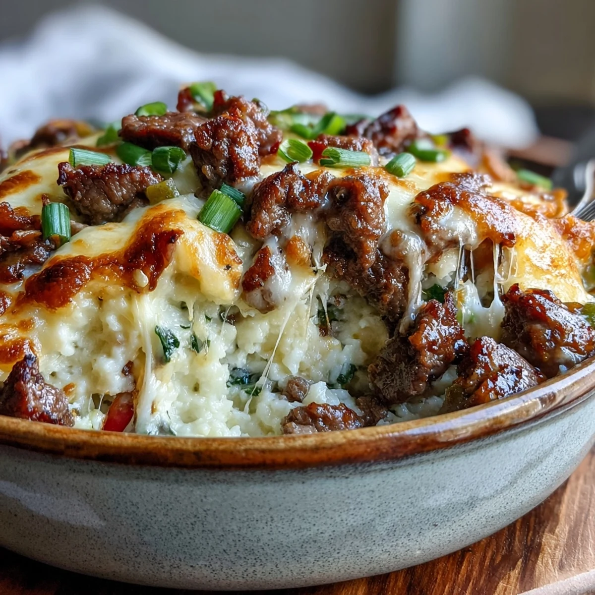 Bubbling golden cheese tops this Keto Philly Cheesesteak Casserole with Cauliflower Rice, served hot from the oven.