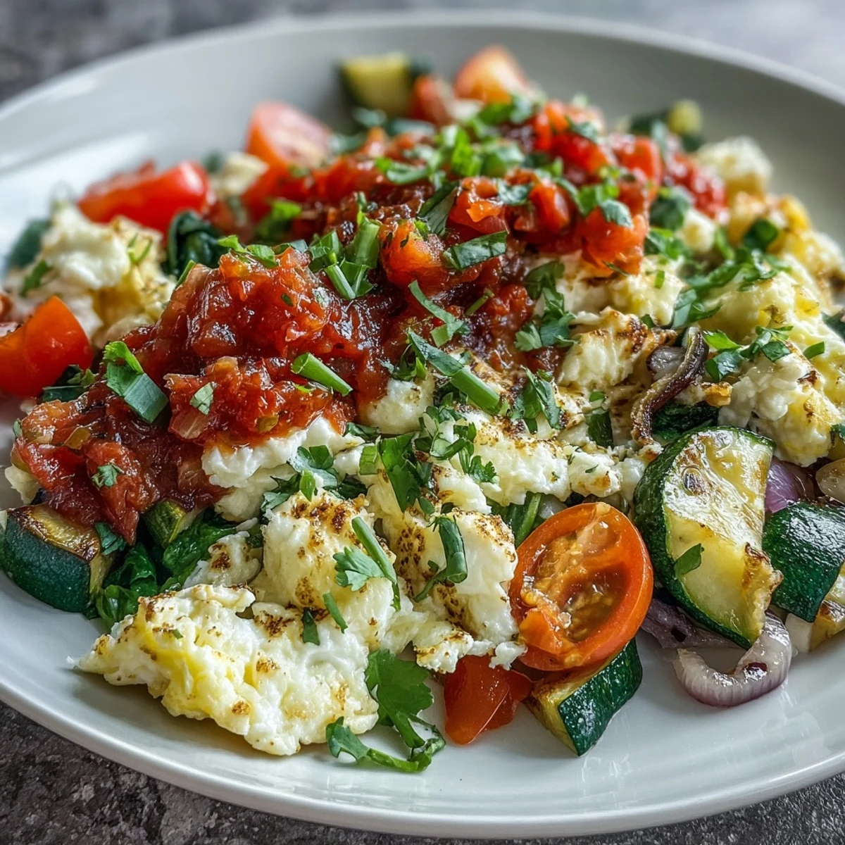 Colorful sautéed peppers and spinach in a warm Egg White Veggie Scramble with Salsa.