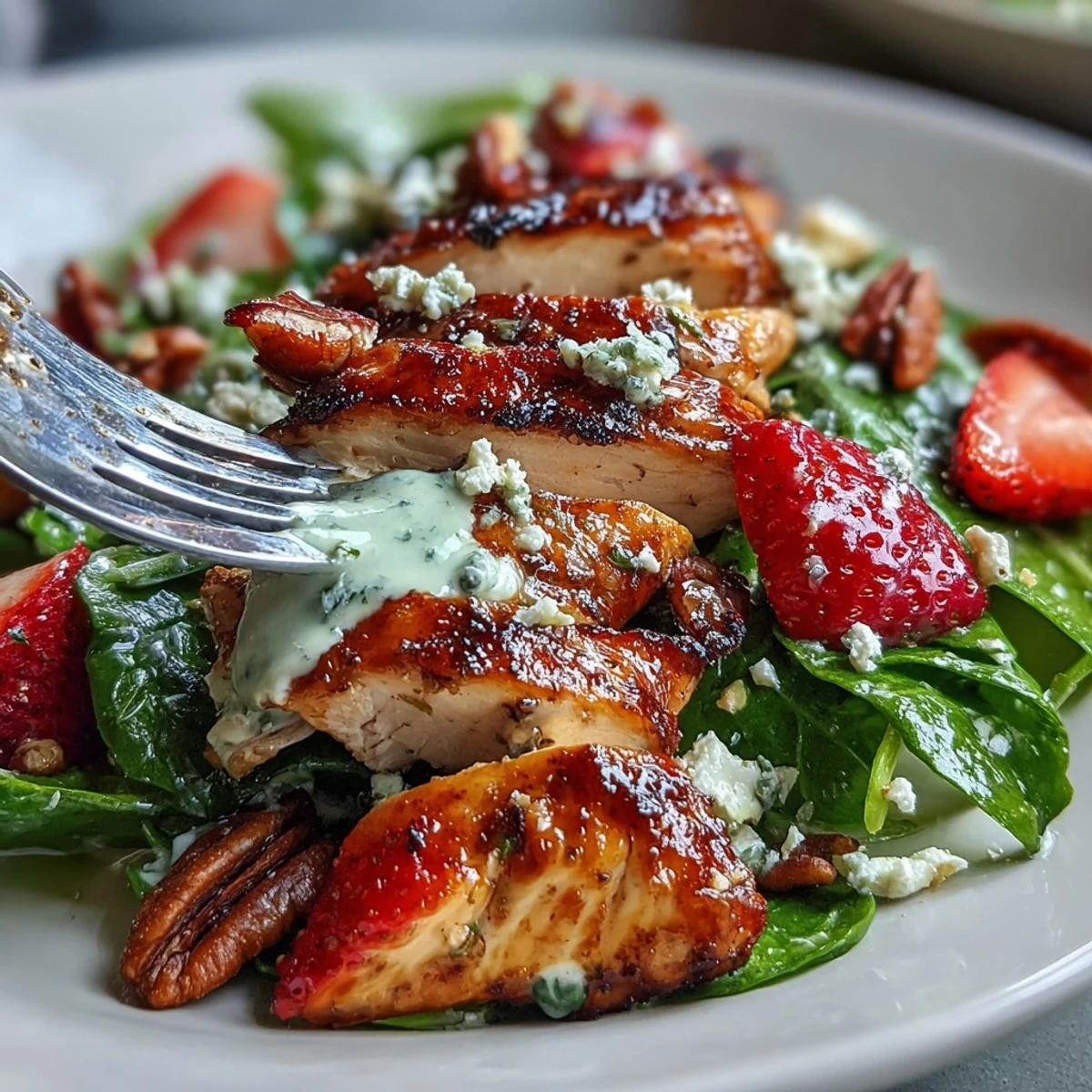 Juicy grilled chicken slices rest on fresh spinach and sliced strawberries, topped with creamy poppy seed dressing for a light summer meal.