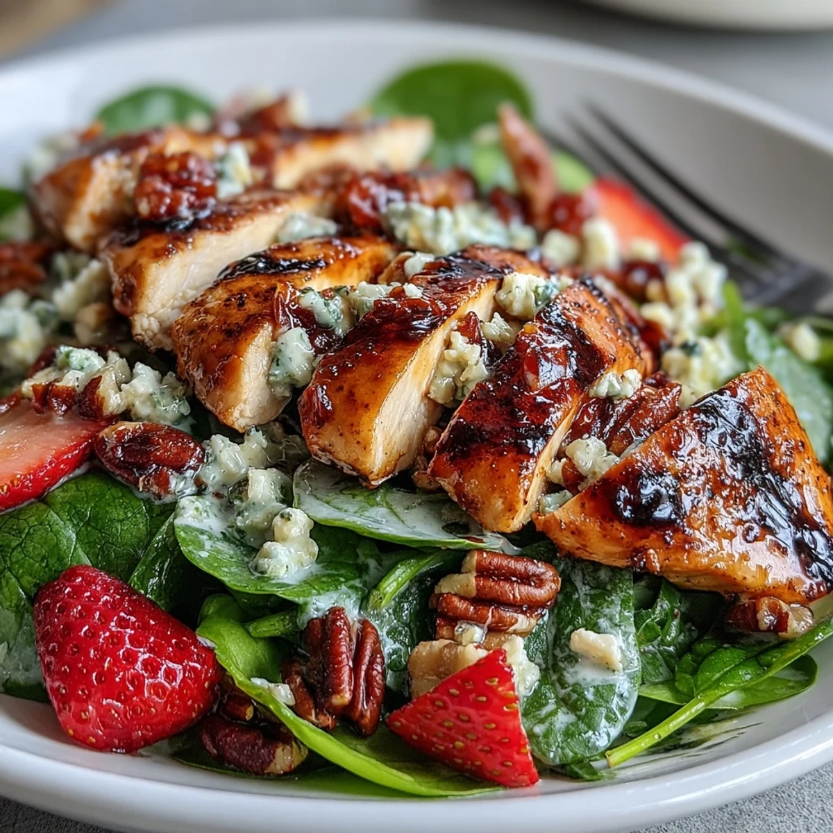 Colorful Grilled Chicken and Strawberry Spinach Salad with Poppy Seed Dressing featuring toasted pecans, feta, and a creamy, tangy honey dressing.