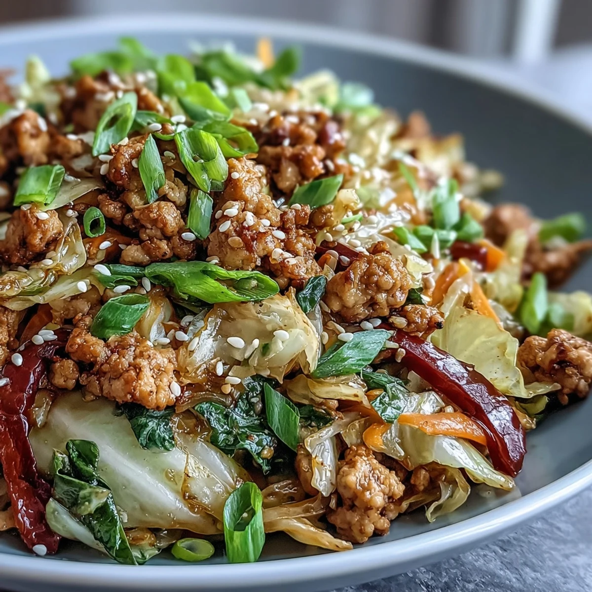 Sautéed High-Volume Cabbage and Turkey Stir-Fry with julienned carrots and red bell pepper topped with sesame seeds.