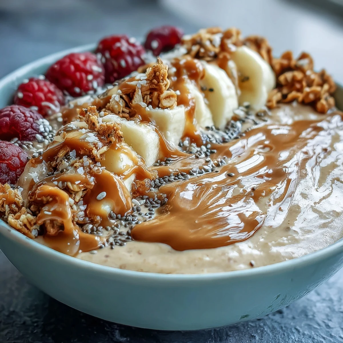 Vibrant Vegan Peanut Butter Banana Protein Smoothie Bowl with a thick, spoonable texture, featuring a peanut butter drizzle and cacao nibs, perfect for a post-workout snack.