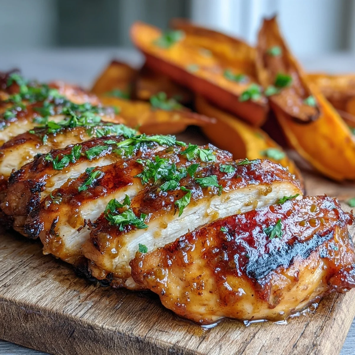 Freshly grilled chicken breasts coated in a sticky honey mustard glaze alongside golden roasted sweet potato wedges.