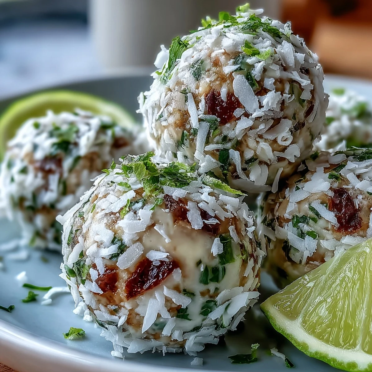 Bright vegan energy balls made with dates, cashews, lime zest, and shredded coconut on a white plate.