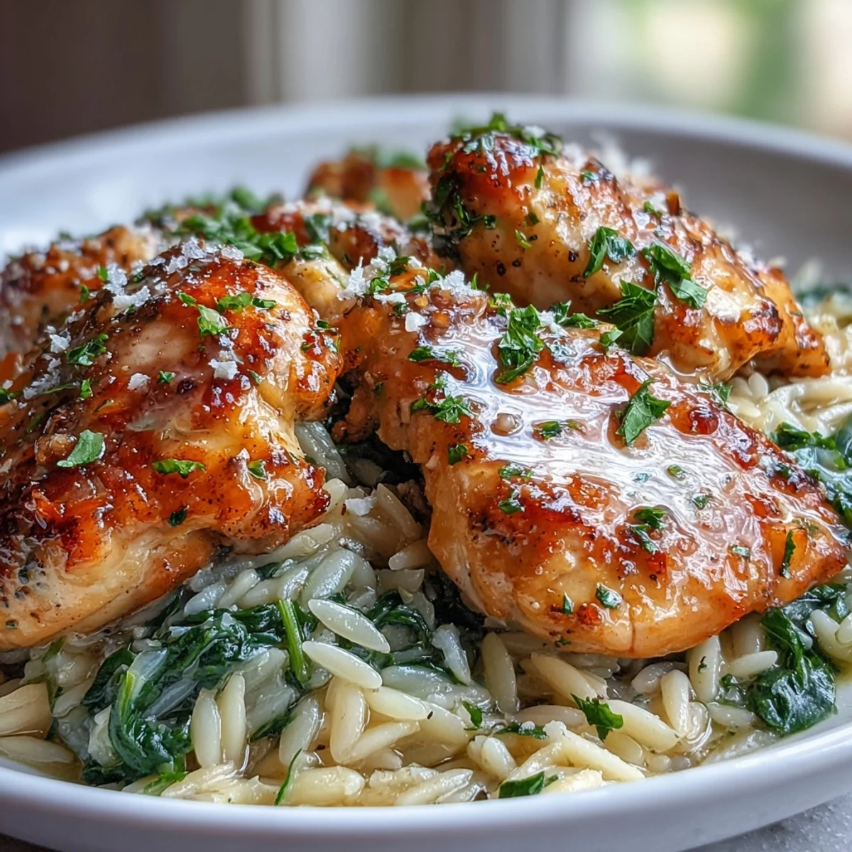 Golden brown chicken simmering in a creamy One-Pot Lemon Garlic Chicken and Orzo with Spinach, topped with fresh parsley.