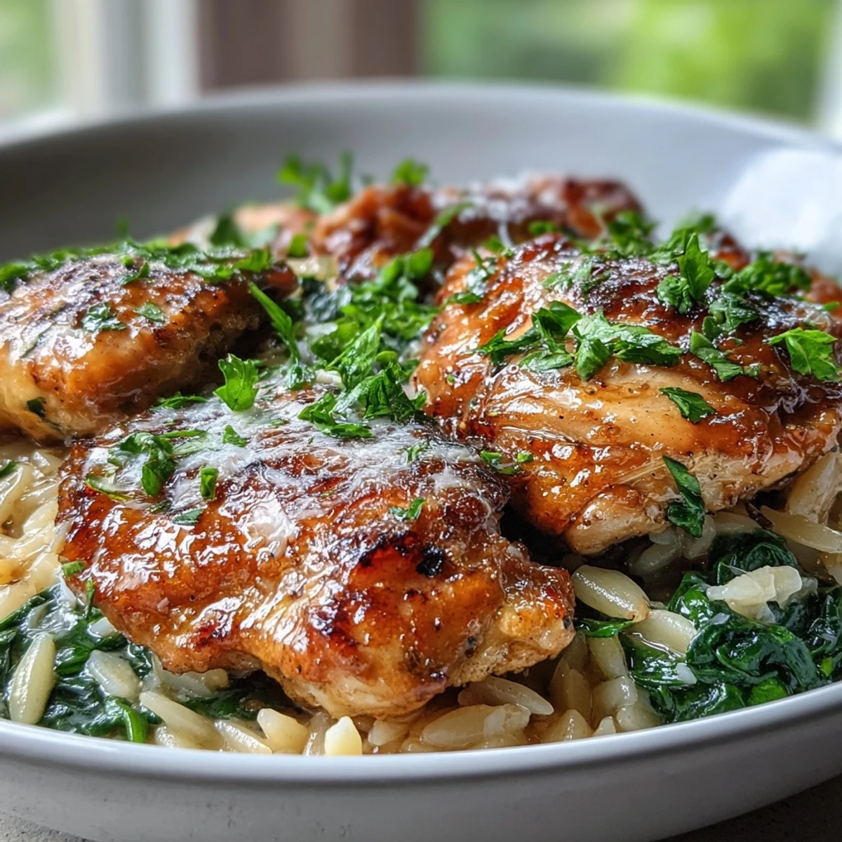 Savory One-Pot Lemon Garlic Chicken and Orzo with Spinach served hot with grated Parmesan and fresh lemon wedges.