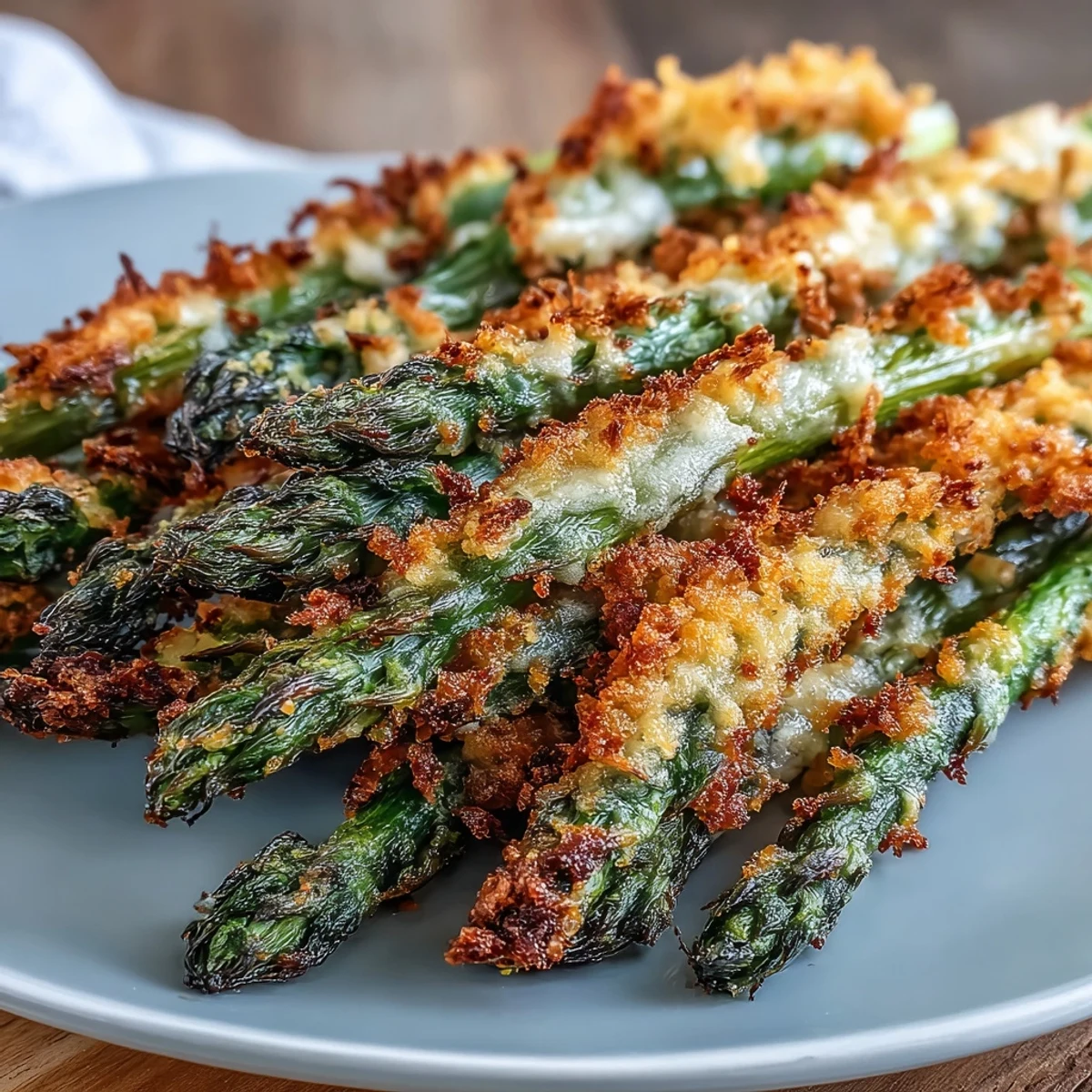 Crispy Parmesan asparagus spears and shredded chicken atop fresh greens with cherry tomatoes and lemon dressing.  