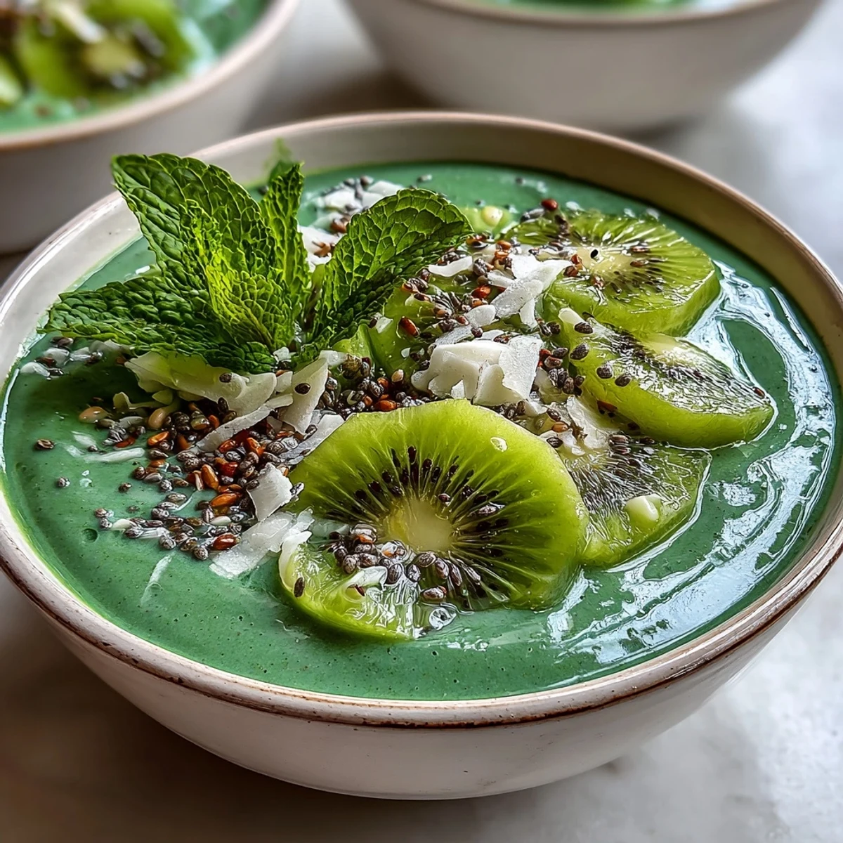 Vibrant vegan tropical green smoothie bowl topped with mango chia seeds and fresh kiwi slices for a nourishing breakfast.