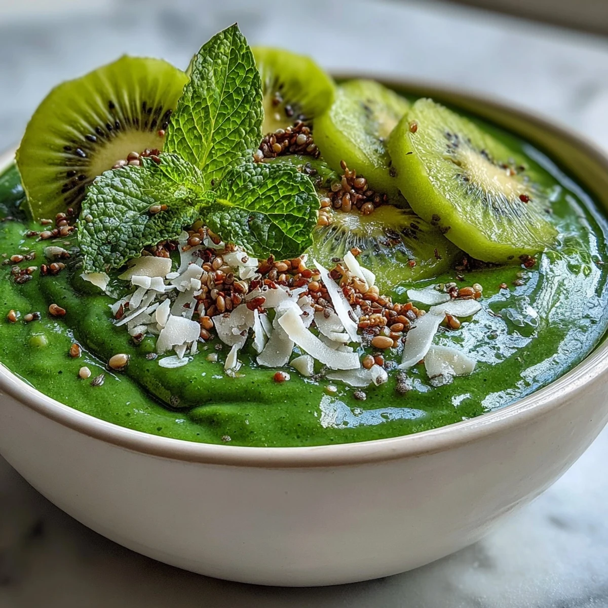Refreshing tropical green smoothie bowl with mango chia topping, layered with colorful fruit and crunchy granola for texture.