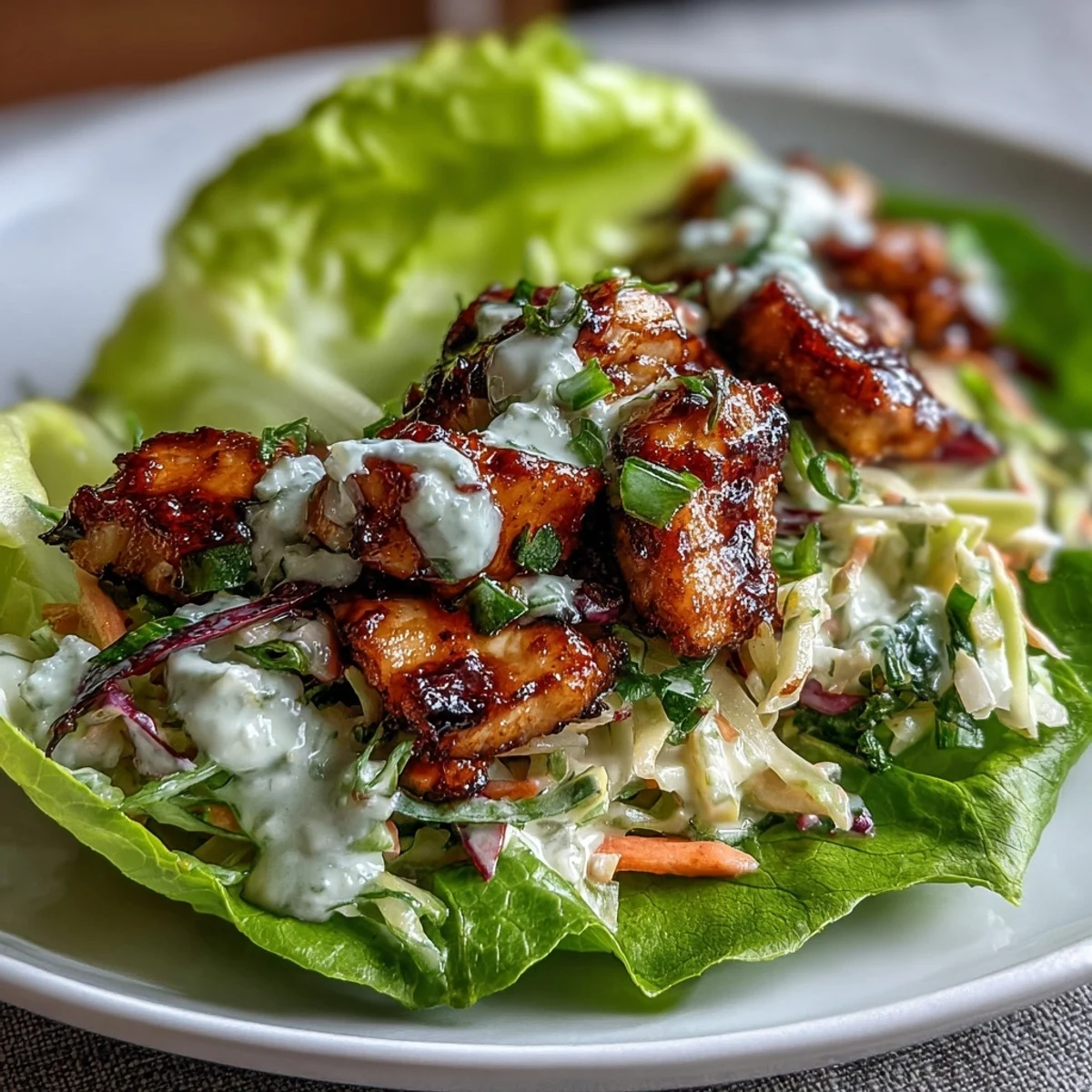 Savory BBQ chicken breast slices wrapped in crisp lettuce leaves, topped with tangy, creamy slaw for a delicious low-carb, high-protein lunch or dinner.