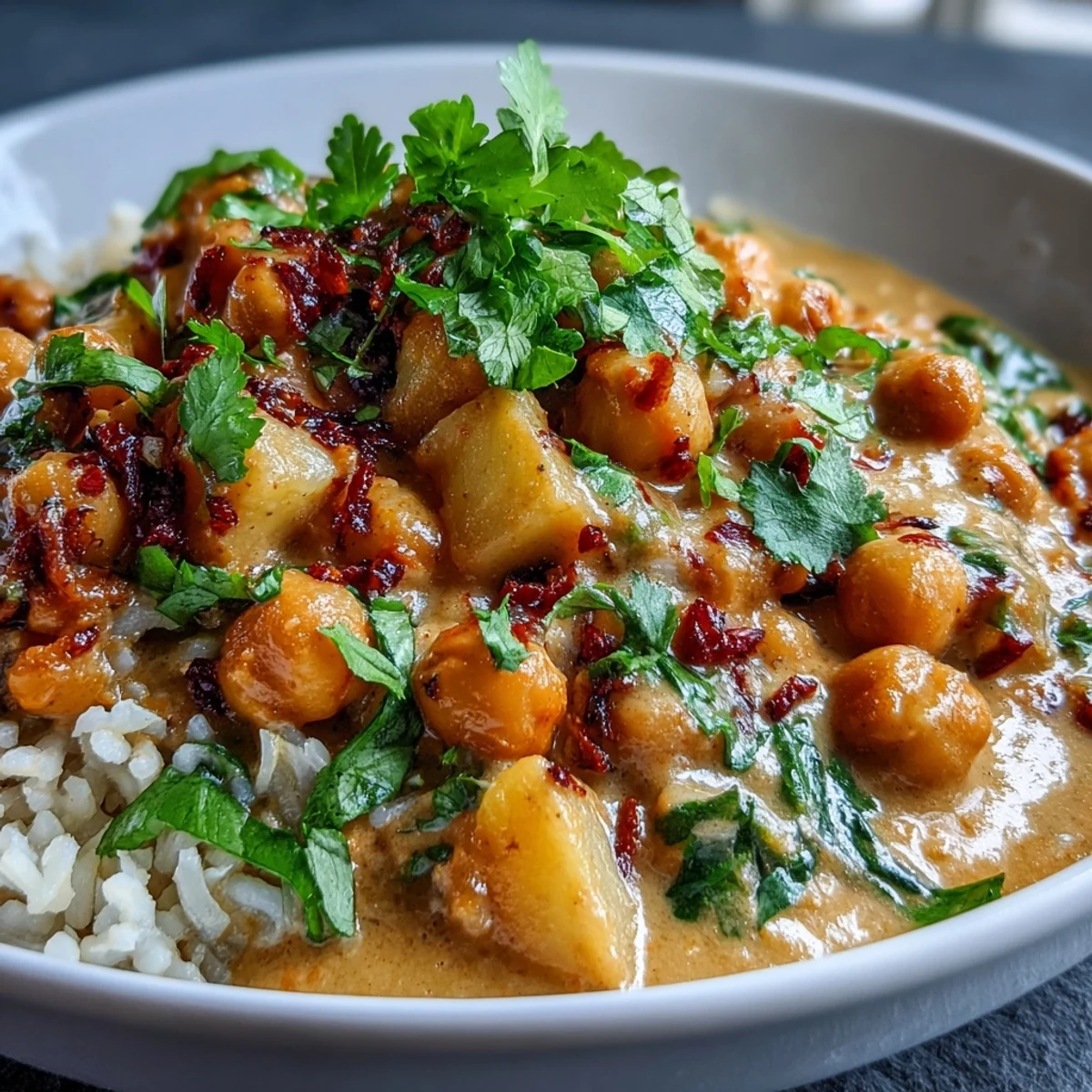 Creamy vegan mango coconut curry with tender chickpeas and sweet mango over fluffy rice, bursting with tropical flavors.  