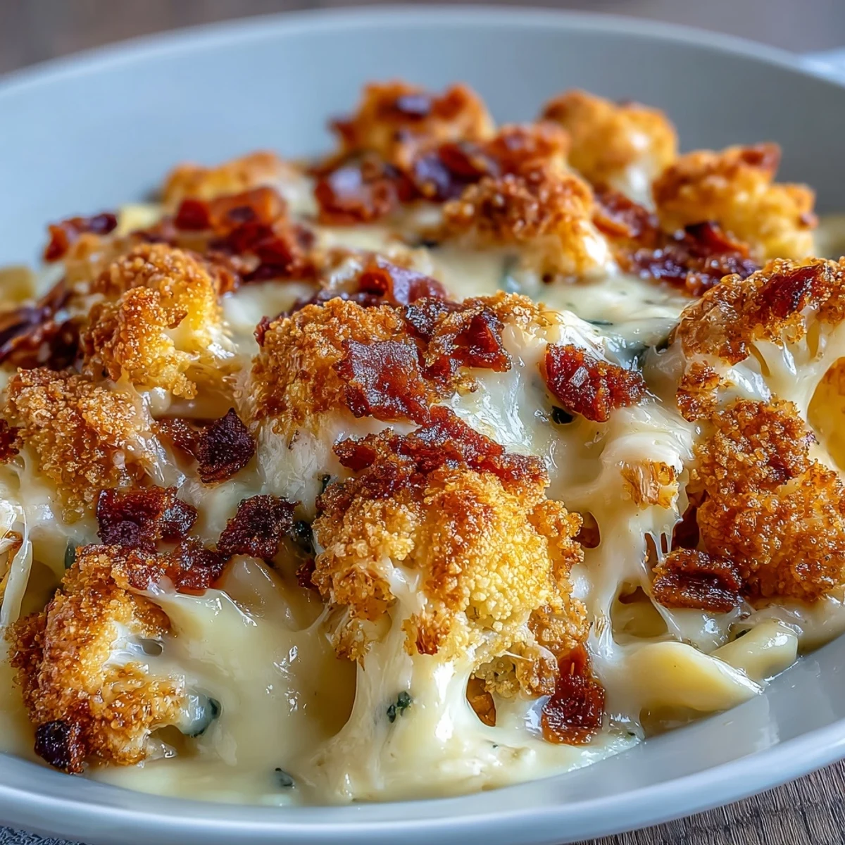 Keto mac and cheese with roasted cauliflower and crispy bacon crumbs in a creamy cheese sauce.  