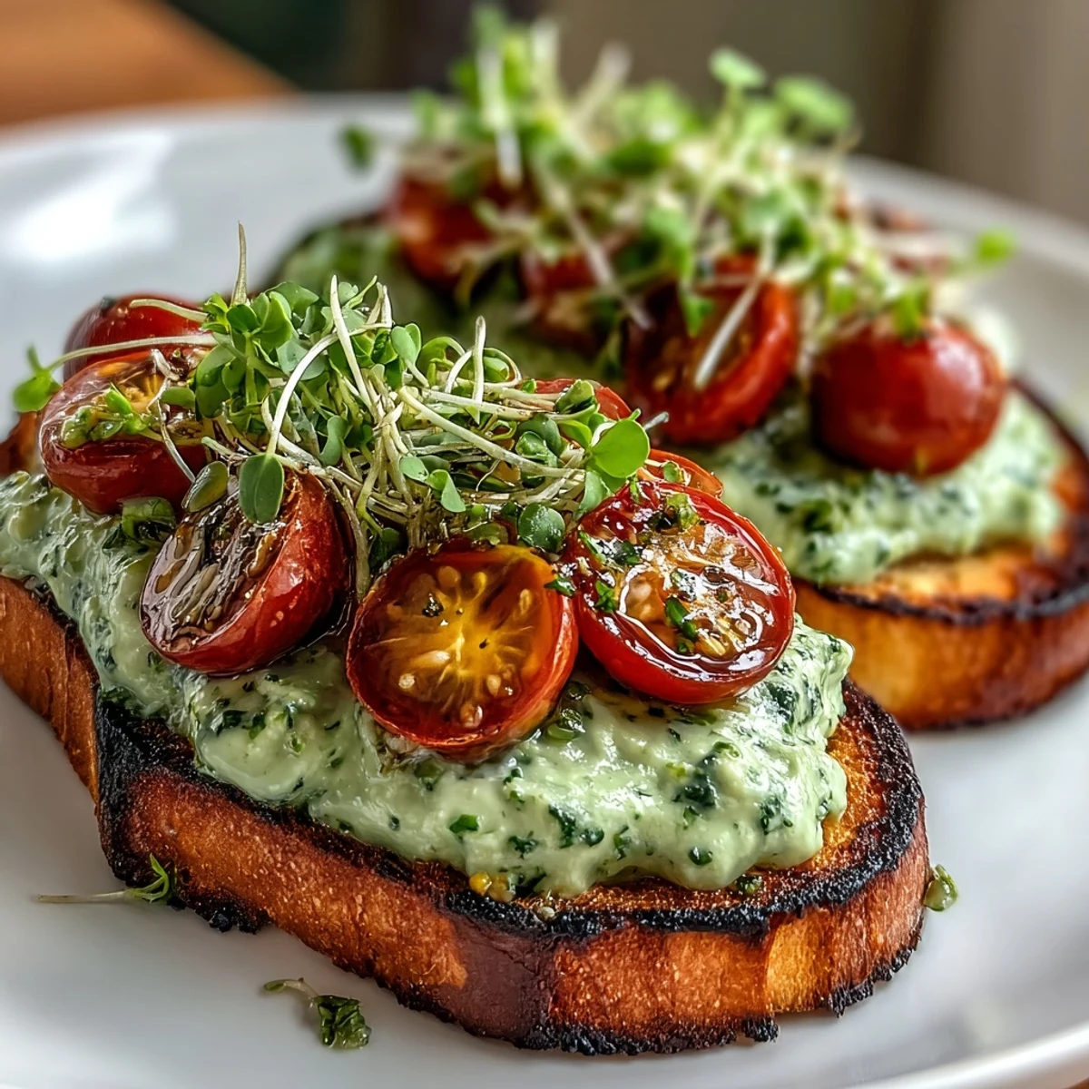 Avocado Pesto Sourdough Toast with Cherry Tomatoes and Microgreens: A vibrant, nourishing open-faced toast featuring creamy avocado pesto, juicy cherry tomatoes, and crisp microgreens atop rustic sourdough.