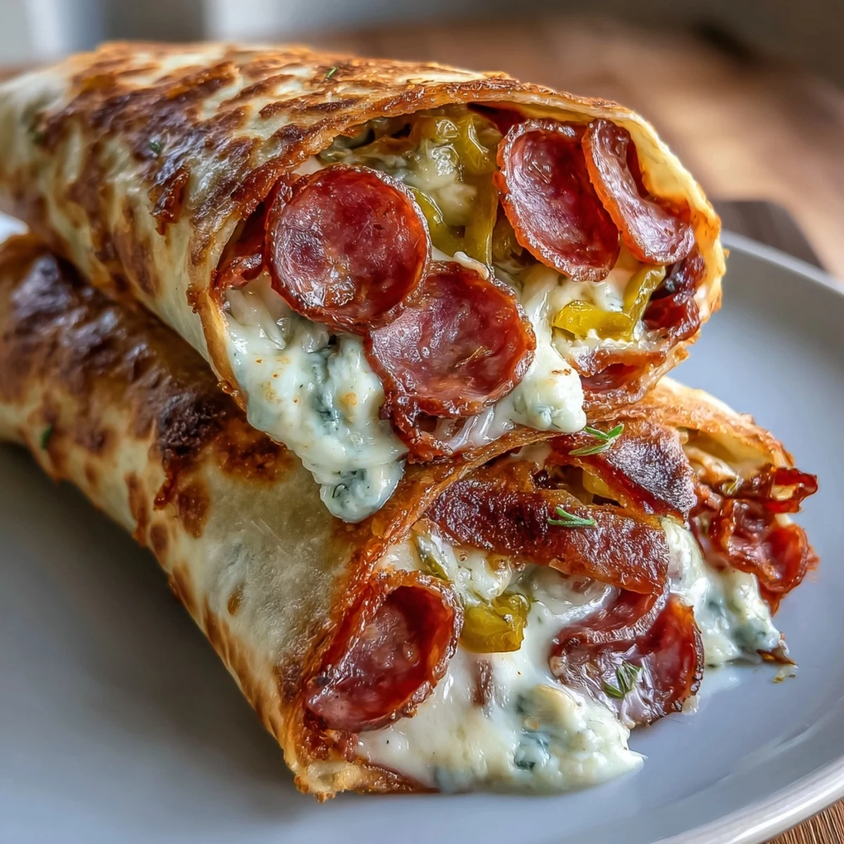 Crispy low-carb Italian sub wrap filled with melty provolone, spicy salami, pepperoni, and tangy banana peppers.  
