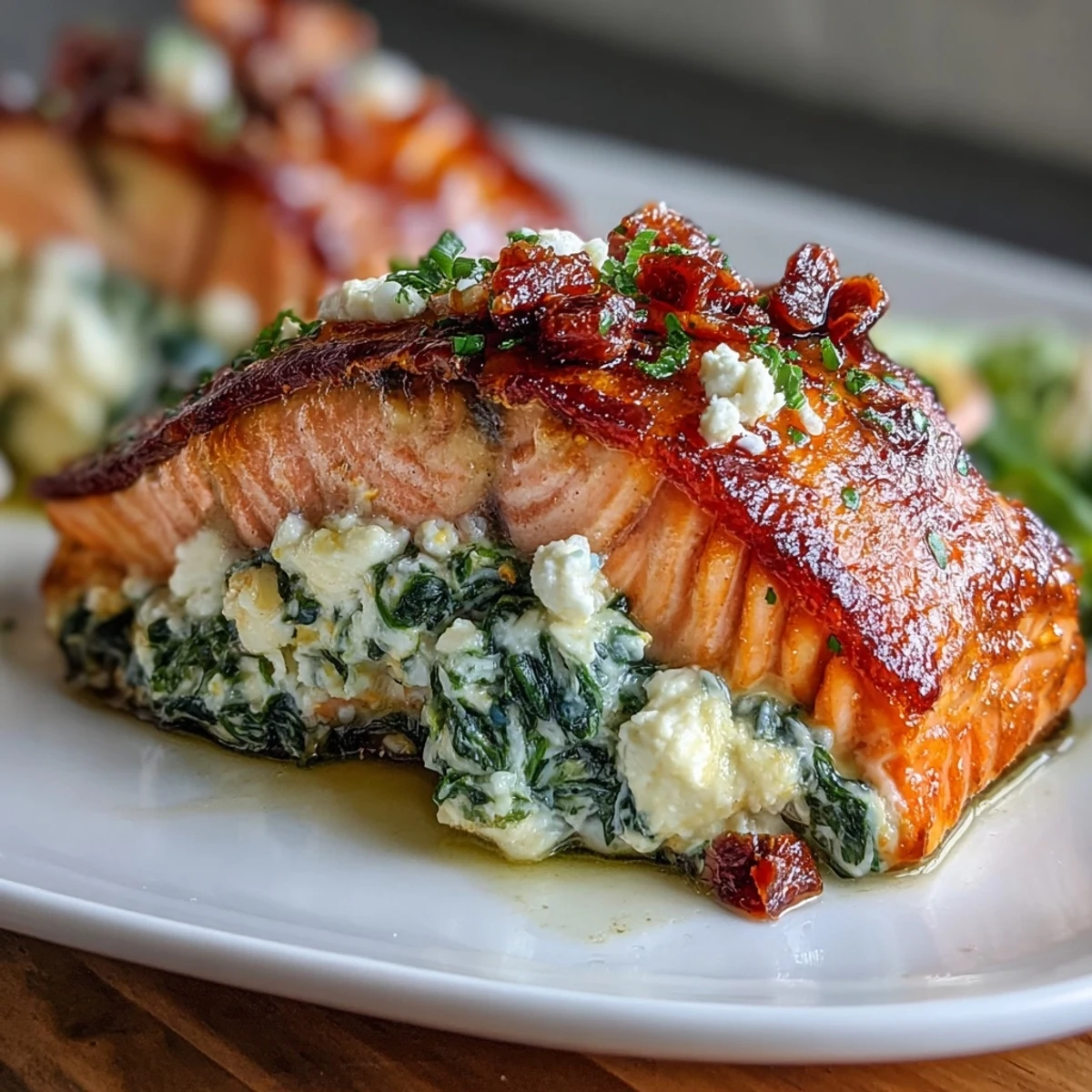 Mediterranean-inspired Simple Baked Stuffed Salmon with Spinach and Feta, featuring tender fish pockets bursting with savory cheese and roasted peppers.  