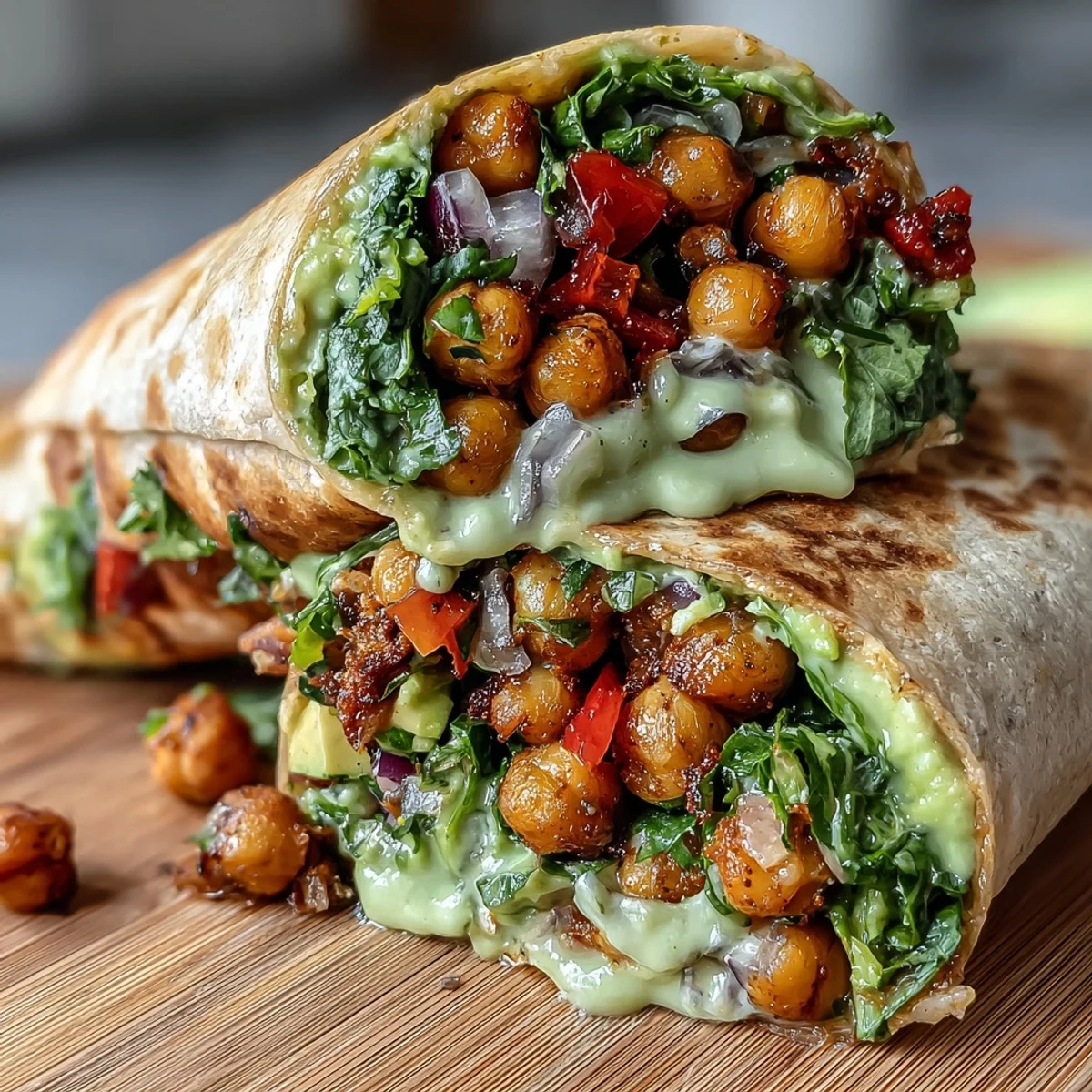 Vibrant spicy chickpea and avocado wrap filled with creamy avocado, seasoned chickpeas, and crisp veggies for a satisfying vegan lunch.