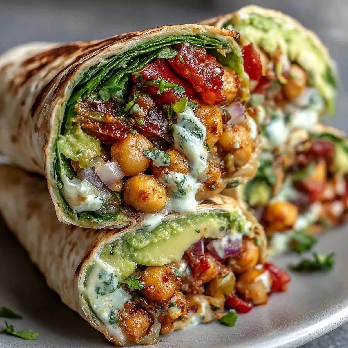 Fresh and flavorful chickpea avocado wrap with bold spices, served with optional greens and cilantro for added texture and zest.
