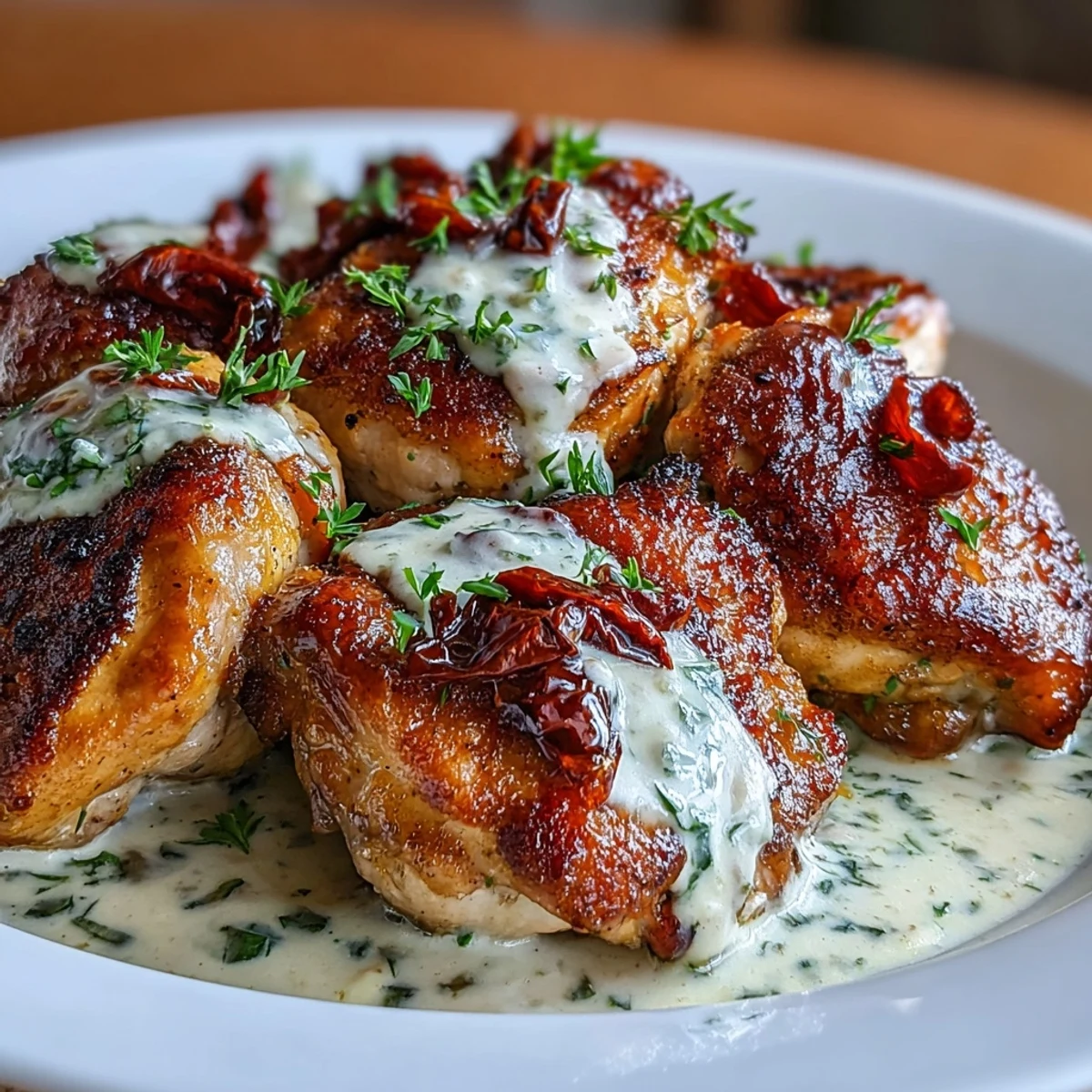 Creamy Pepperoncini Chicken Skillet with golden chicken thighs in a tangy cream sauce.