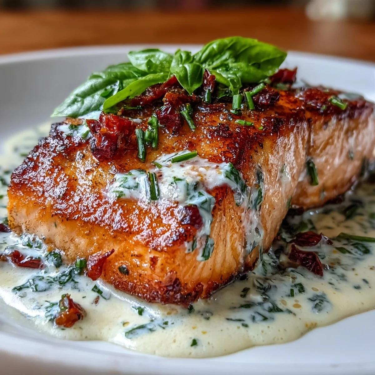 Creamy Marry Me Salmon with sun-dried tomatoes and garlic, served in a rich sauce with fresh basil garnish.