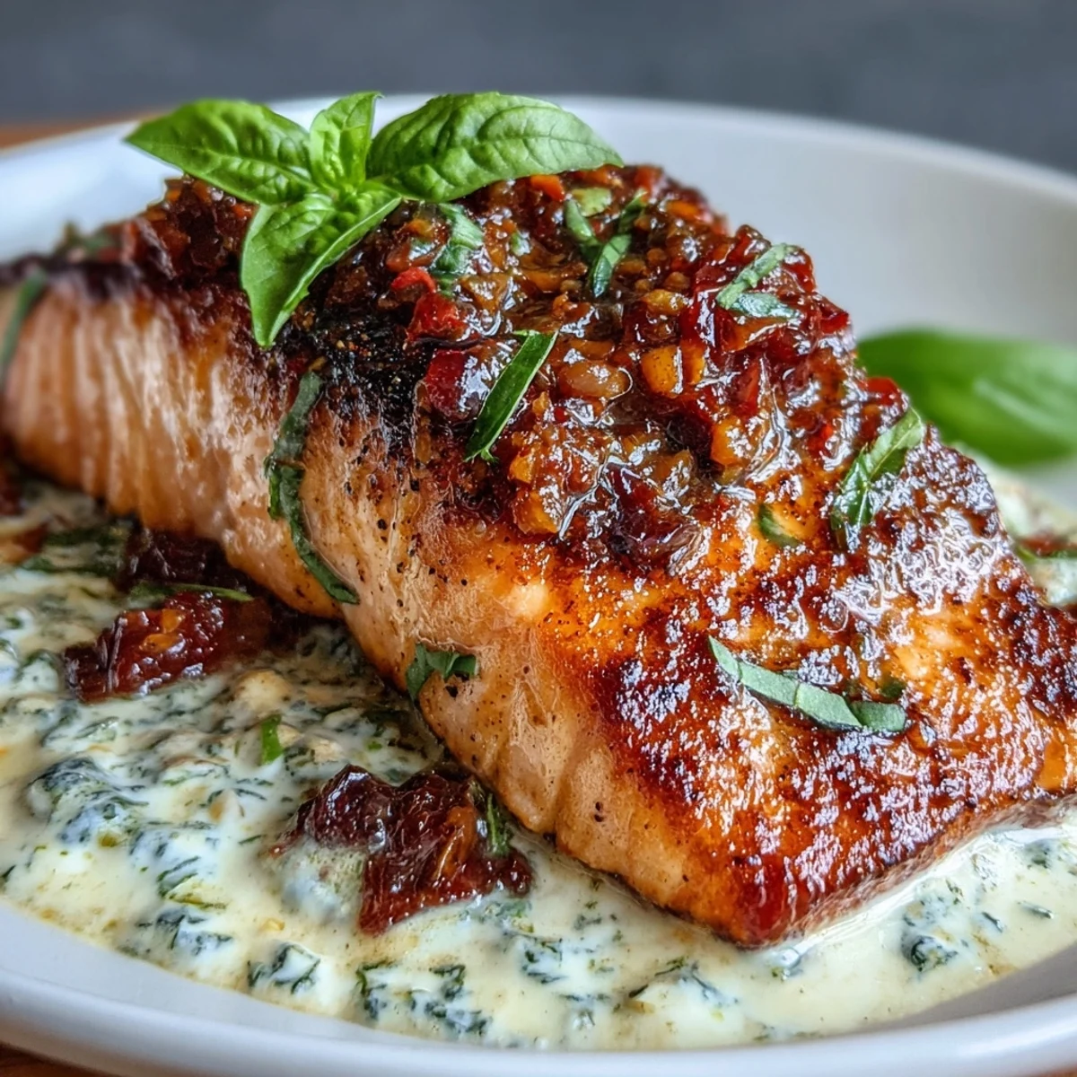 Tender salmon fillets seared to golden perfection, nestled in a luscious garlic cream sauce with sun-dried tomatoes.
