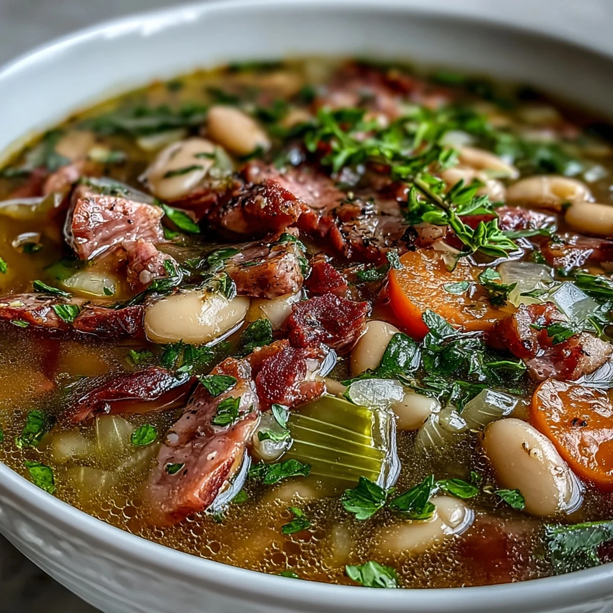 Slow Cooker Ham and Bean Soup with Carrots and Celery - A comforting, hearty soup filled with tender ham, creamy beans, and fresh vegetables in a savory broth.