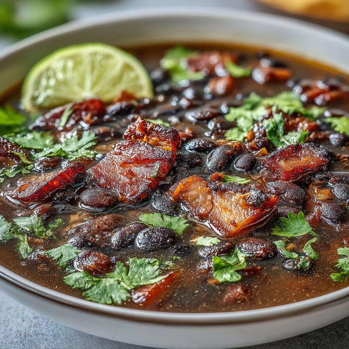 Hearty ham and black bean soup with lime and cilantro, garnished with fresh herbs and served in a rustic bowl.  